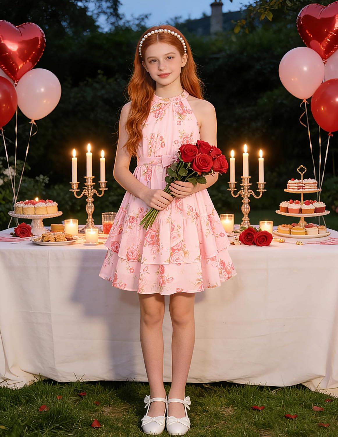 imageGRACE KARIN Girls Summer Beach Dress Floral Hawaiian Halter Chiffon Party Wedding Vacation Sundress 714YPink