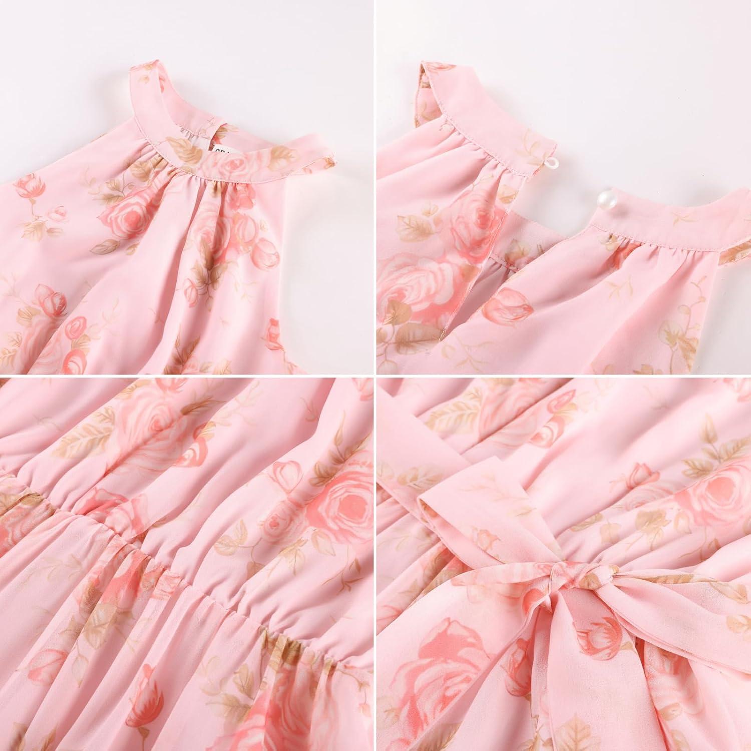 imageGRACE KARIN Girls Summer Beach Dress Floral Hawaiian Halter Chiffon Party Wedding Vacation Sundress 714YPink