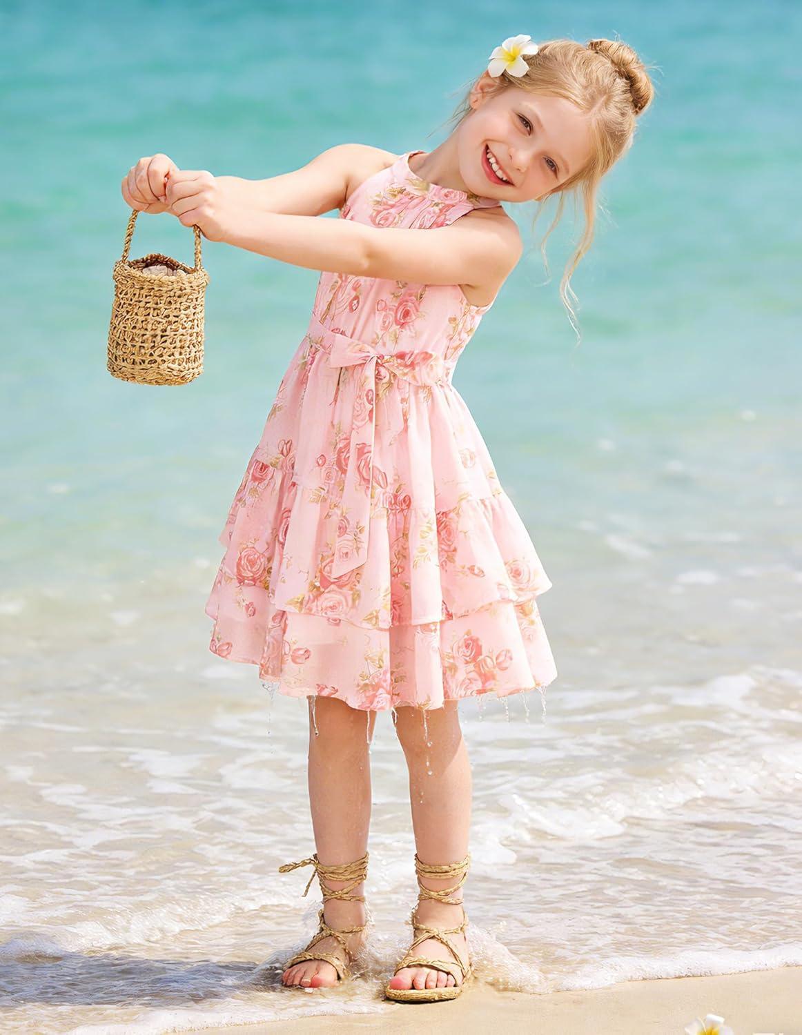 imageGRACE KARIN Girls Summer Beach Dress Floral Hawaiian Halter Chiffon Party Wedding Vacation Sundress 714YPink