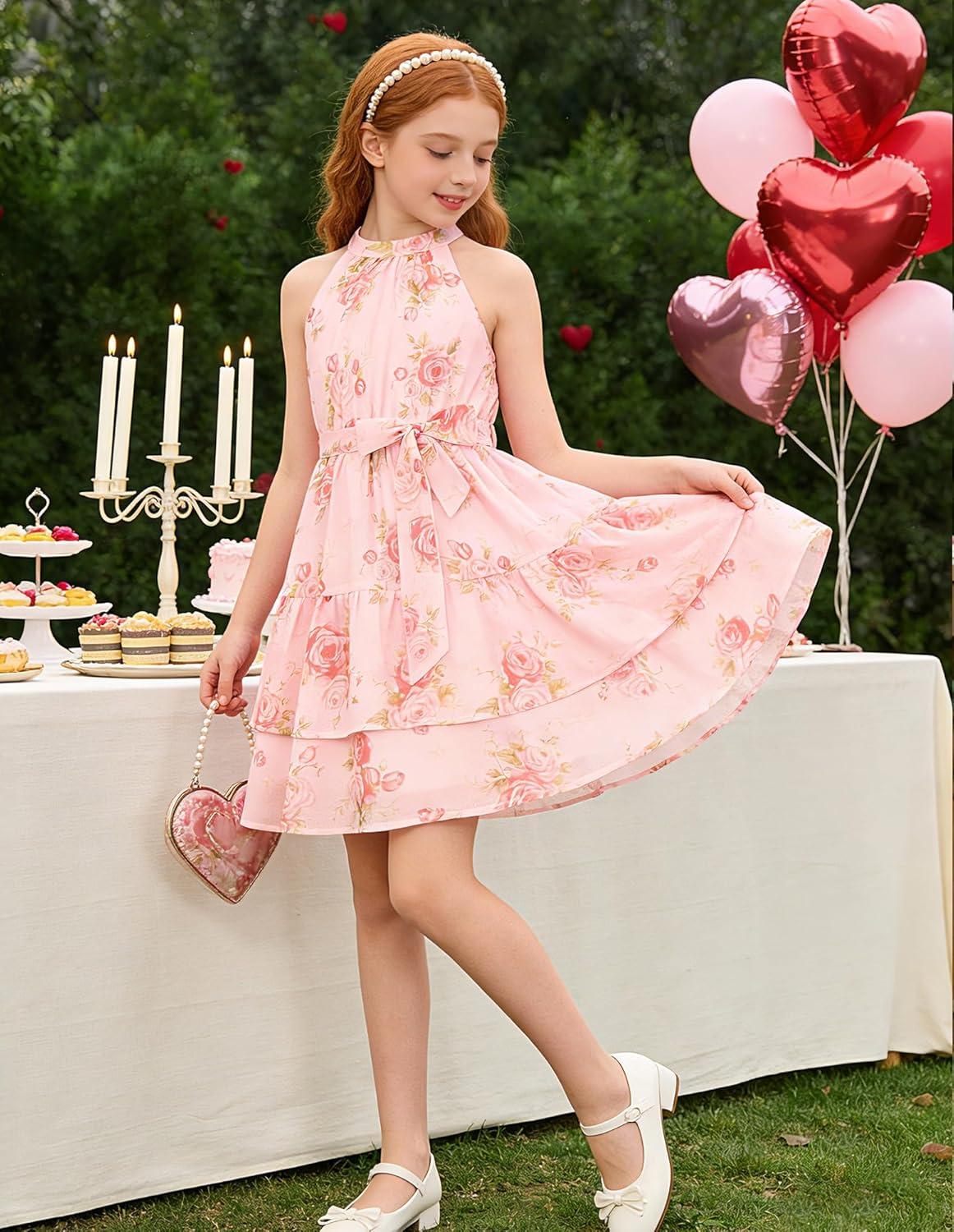 imageGRACE KARIN Girls Summer Beach Dress Floral Hawaiian Halter Chiffon Party Wedding Vacation Sundress 714YPink