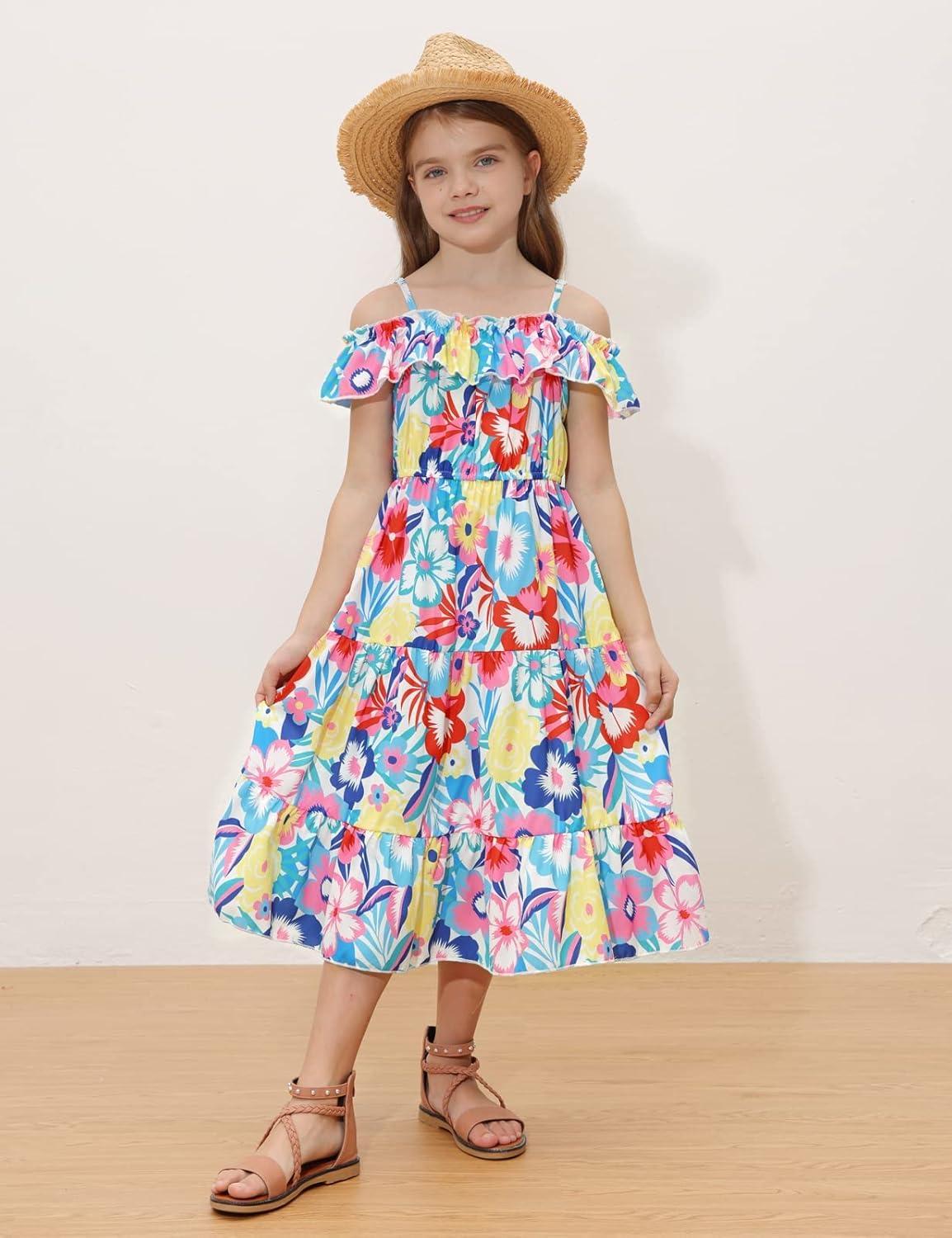 imageGRACE KARIN Girls Summer Dress Off Shoulder Ruffle Floral Spaghetti Strap Casual Sundress Tiered Midi DressBig Flower Pattern on White