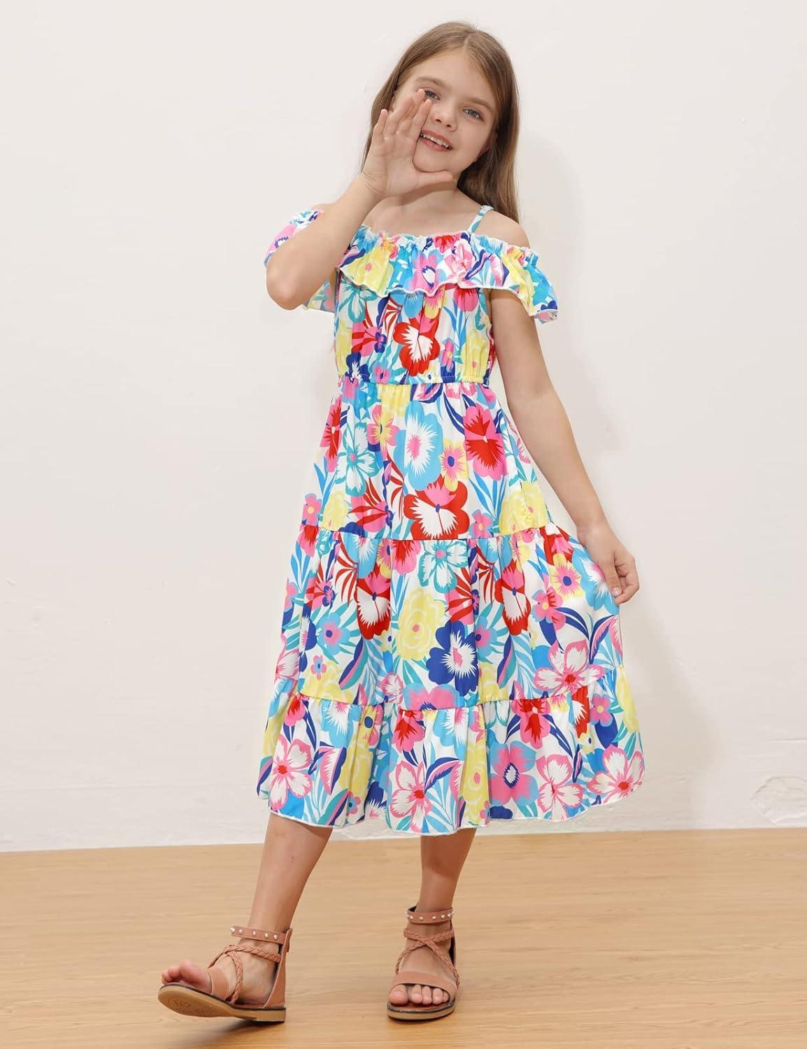 imageGRACE KARIN Girls Summer Dress Off Shoulder Ruffle Floral Spaghetti Strap Casual Sundress Tiered Midi DressBig Flower Pattern on White