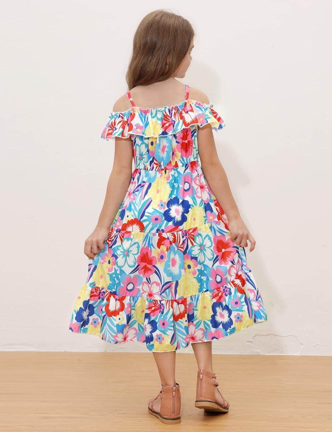 imageGRACE KARIN Girls Summer Dress Off Shoulder Ruffle Floral Spaghetti Strap Casual Sundress Tiered Midi DressBig Flower Pattern on White