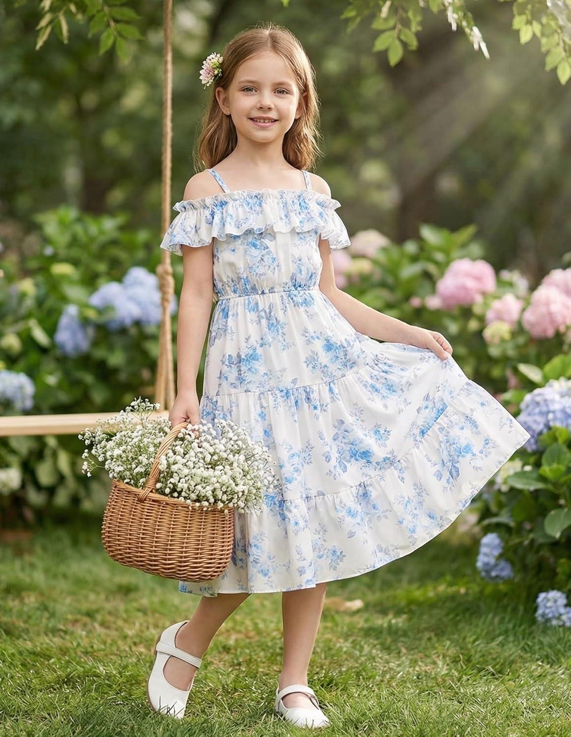 imageGRACE KARIN Girls Summer Dress Off Shoulder Ruffle Floral Spaghetti Strap Casual Sundress Tiered Midi DressBlue Flowers