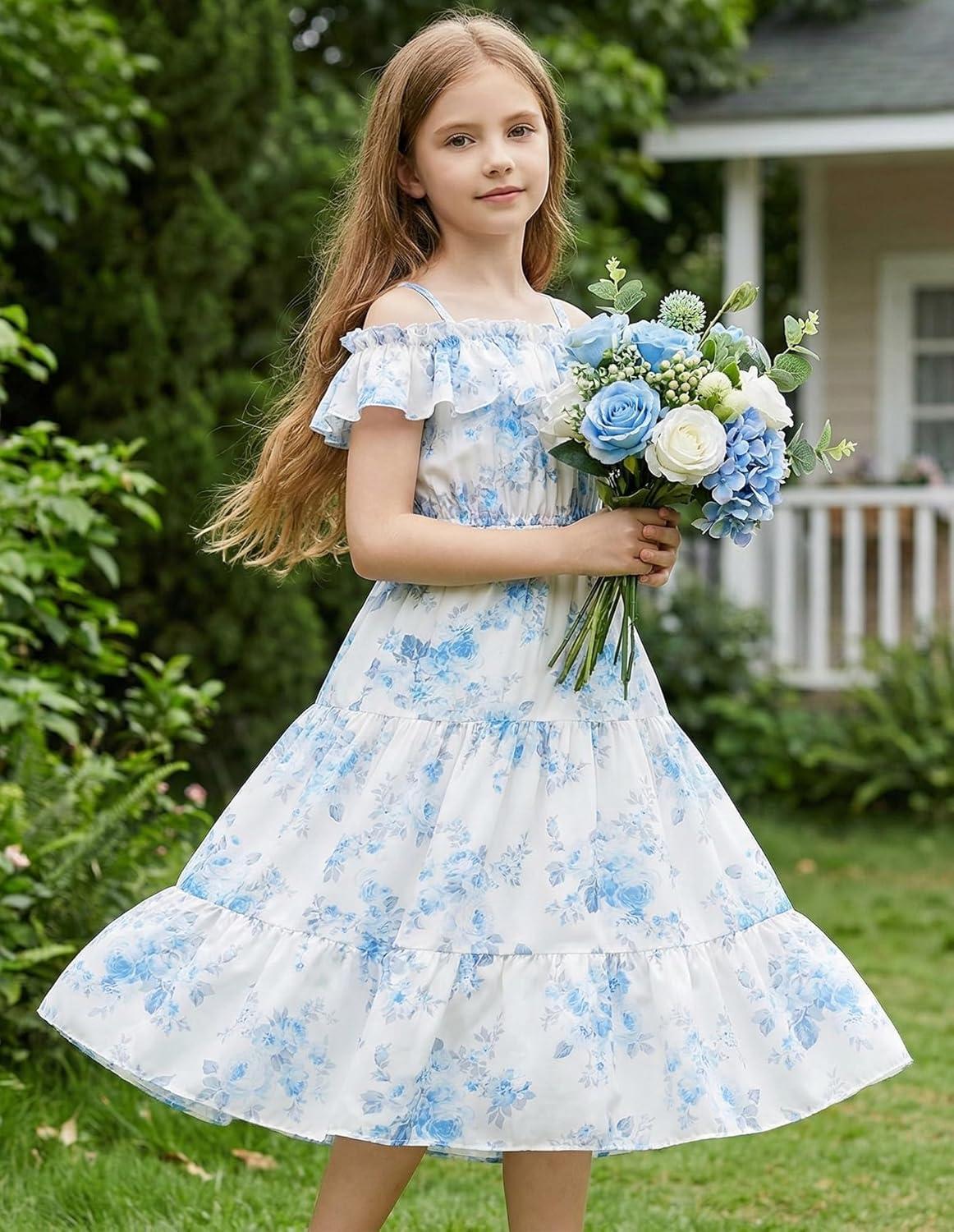 imageGRACE KARIN Girls Summer Dress Off Shoulder Ruffle Floral Spaghetti Strap Casual Sundress Tiered Midi DressBlue Flowers