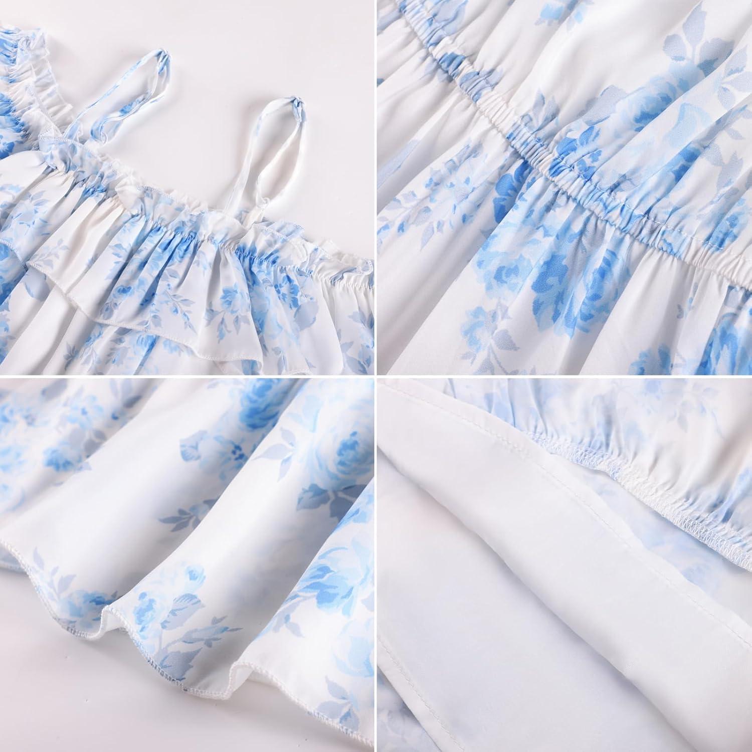 imageGRACE KARIN Girls Summer Dress Off Shoulder Ruffle Floral Spaghetti Strap Casual Sundress Tiered Midi DressBlue Flowers