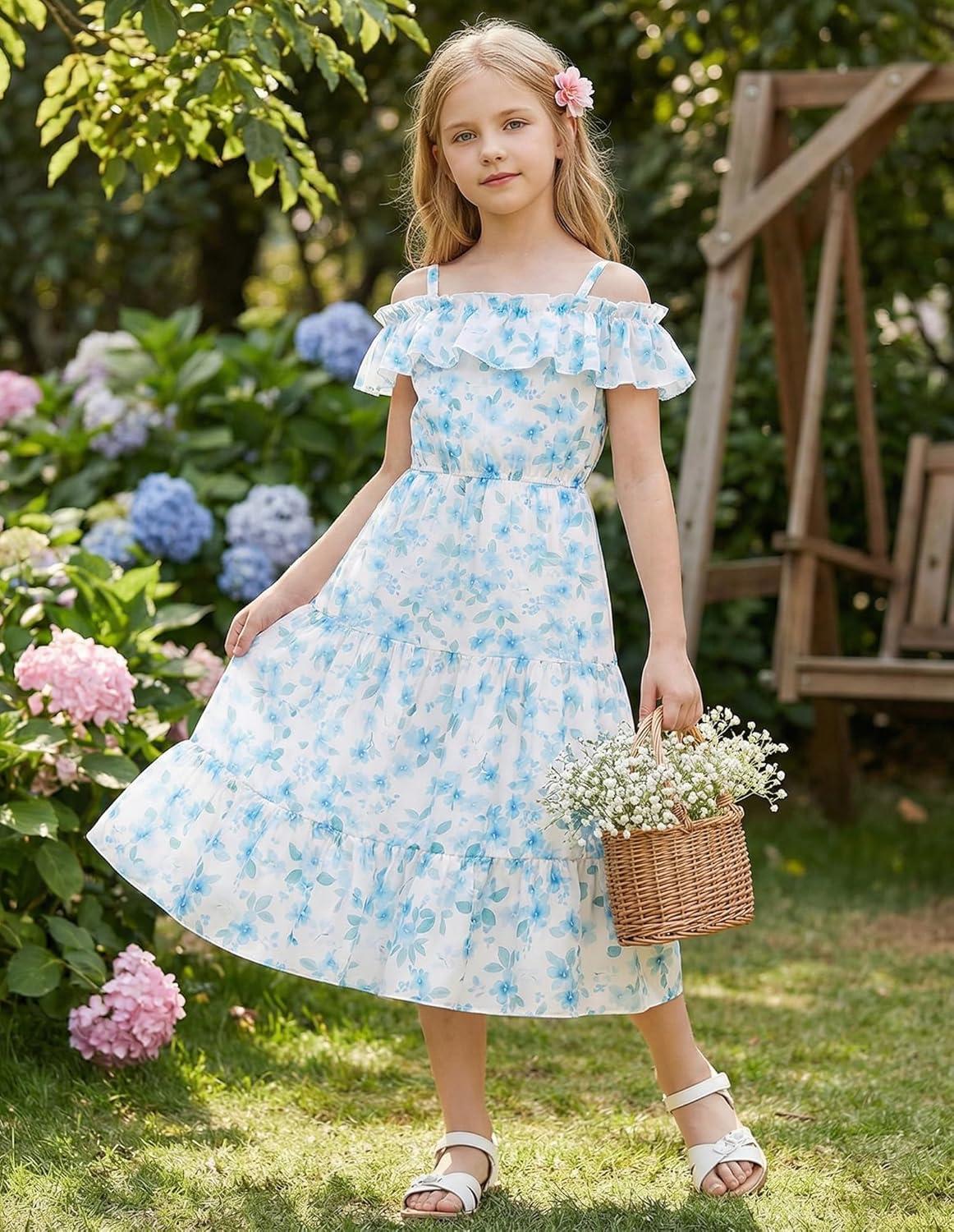 imageGRACE KARIN Girls Summer Dress Off Shoulder Ruffle Floral Spaghetti Strap Casual Sundress Tiered Midi DressBlue and Green Flowers