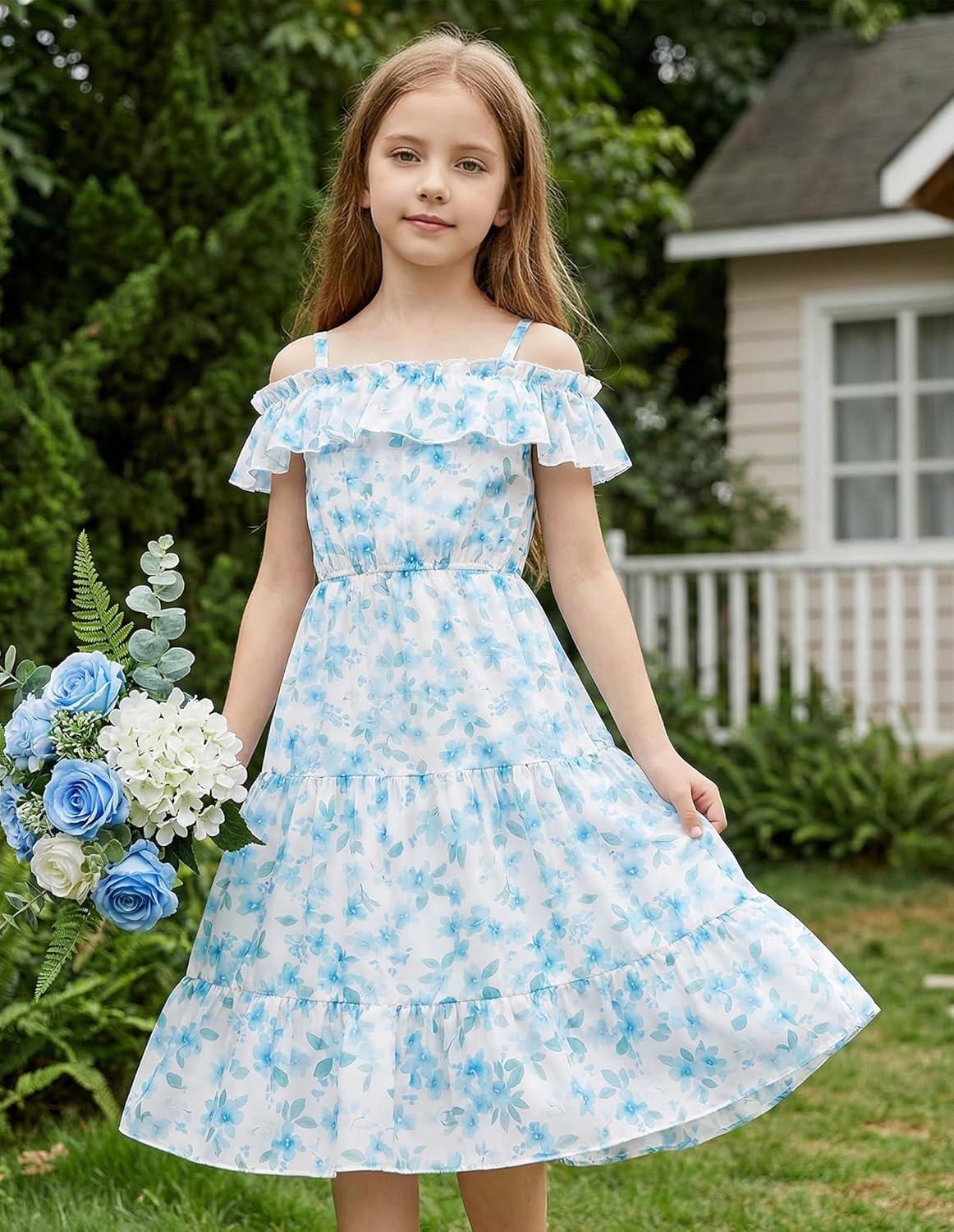 imageGRACE KARIN Girls Summer Dress Off Shoulder Ruffle Floral Spaghetti Strap Casual Sundress Tiered Midi DressBlue and Green Flowers