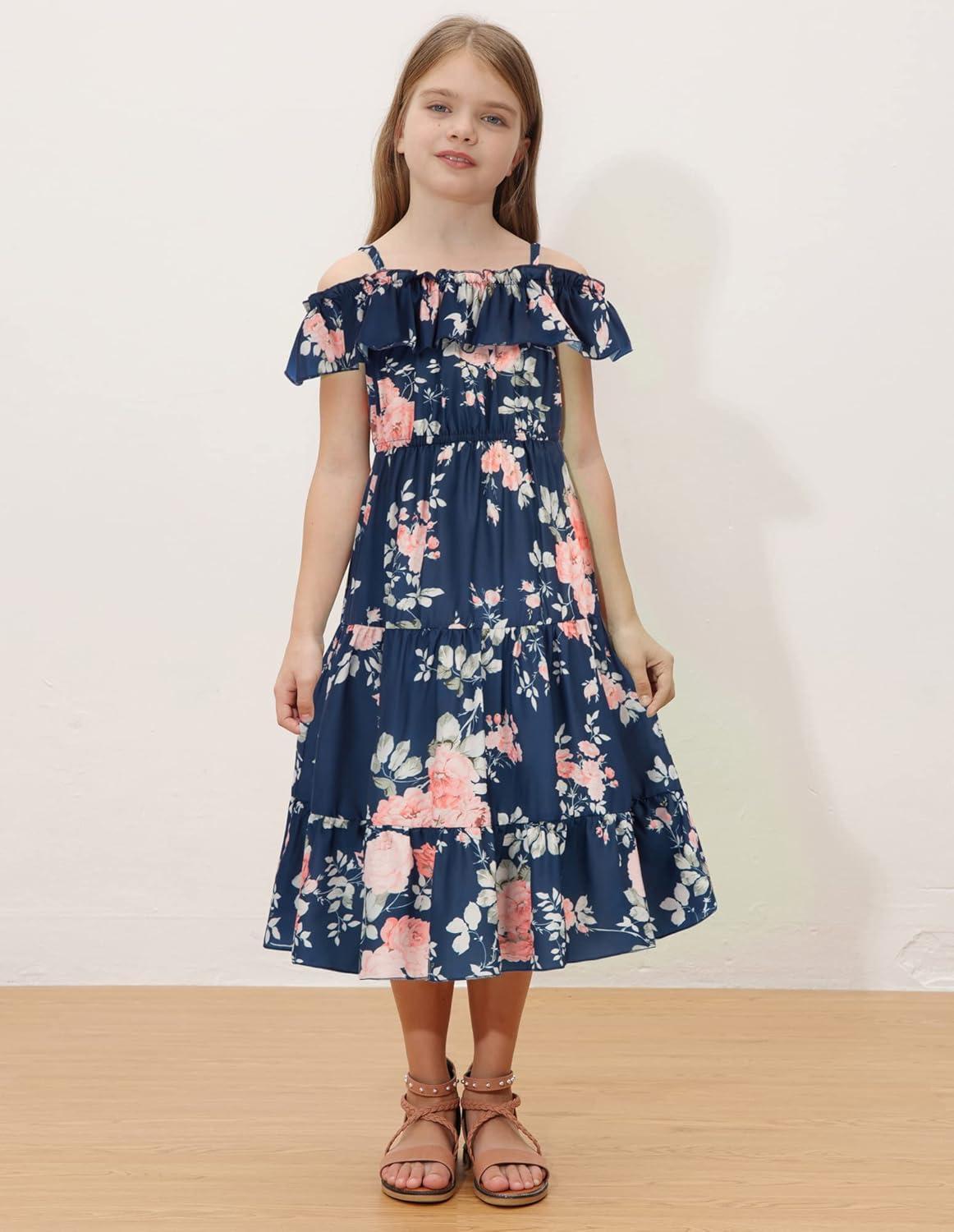 imageGRACE KARIN Girls Summer Dress Off Shoulder Ruffle Floral Spaghetti Strap Casual Sundress Tiered Midi DressFloral on Navy Blue