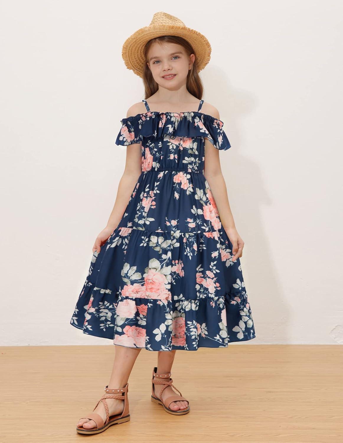 imageGRACE KARIN Girls Summer Dress Off Shoulder Ruffle Floral Spaghetti Strap Casual Sundress Tiered Midi DressFloral on Navy Blue