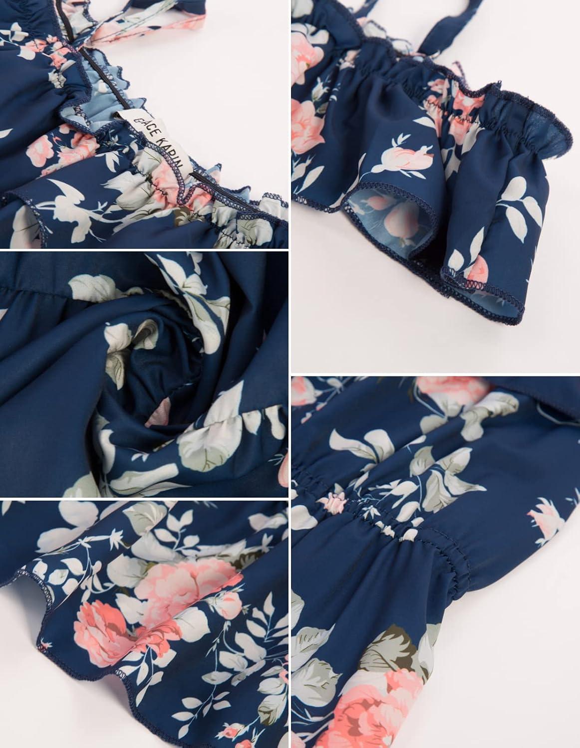 imageGRACE KARIN Girls Summer Dress Off Shoulder Ruffle Floral Spaghetti Strap Casual Sundress Tiered Midi DressFloral on Navy Blue