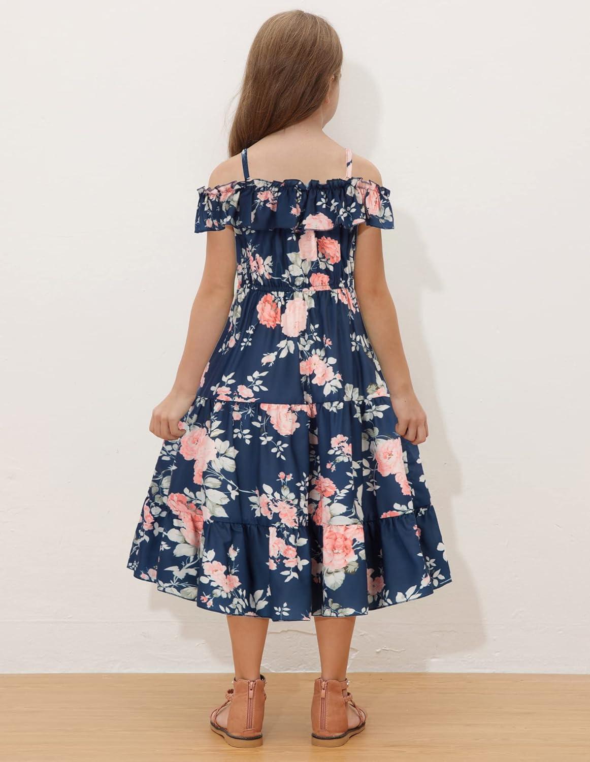 imageGRACE KARIN Girls Summer Dress Off Shoulder Ruffle Floral Spaghetti Strap Casual Sundress Tiered Midi DressFloral on Navy Blue