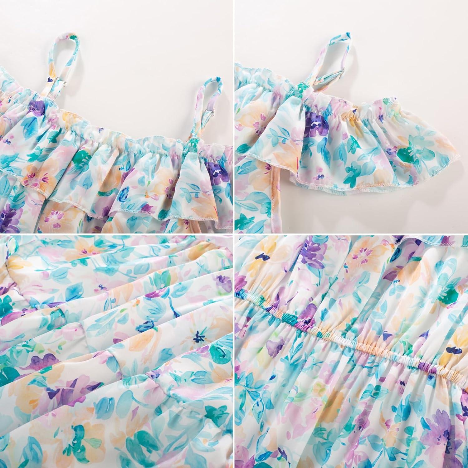 imageGRACE KARIN Girls Summer Dress Off Shoulder Ruffle Floral Spaghetti Strap Casual Sundress Tiered Midi DressFlowers and Leaves on White