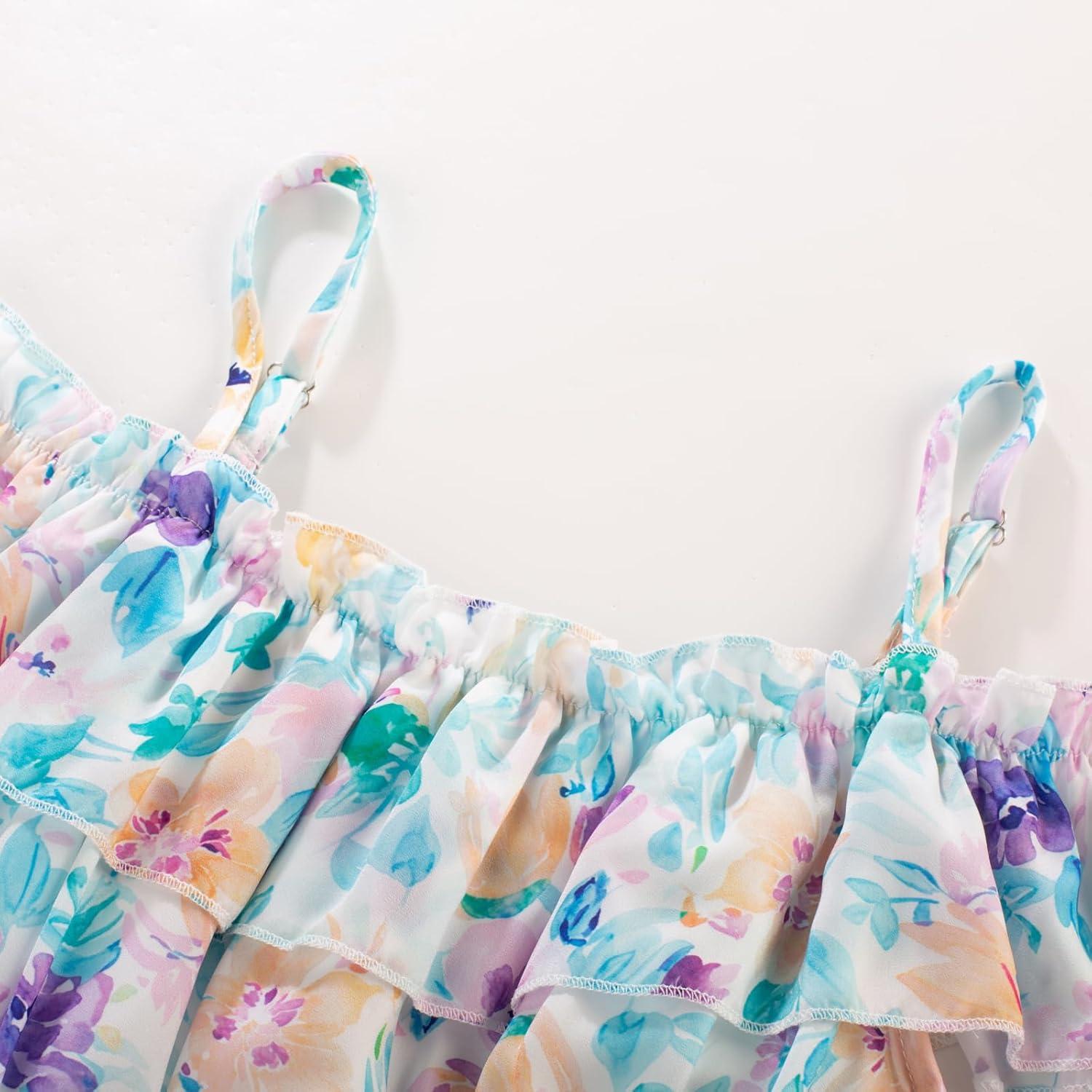 imageGRACE KARIN Girls Summer Dress Off Shoulder Ruffle Floral Spaghetti Strap Casual Sundress Tiered Midi DressFlowers and Leaves on White