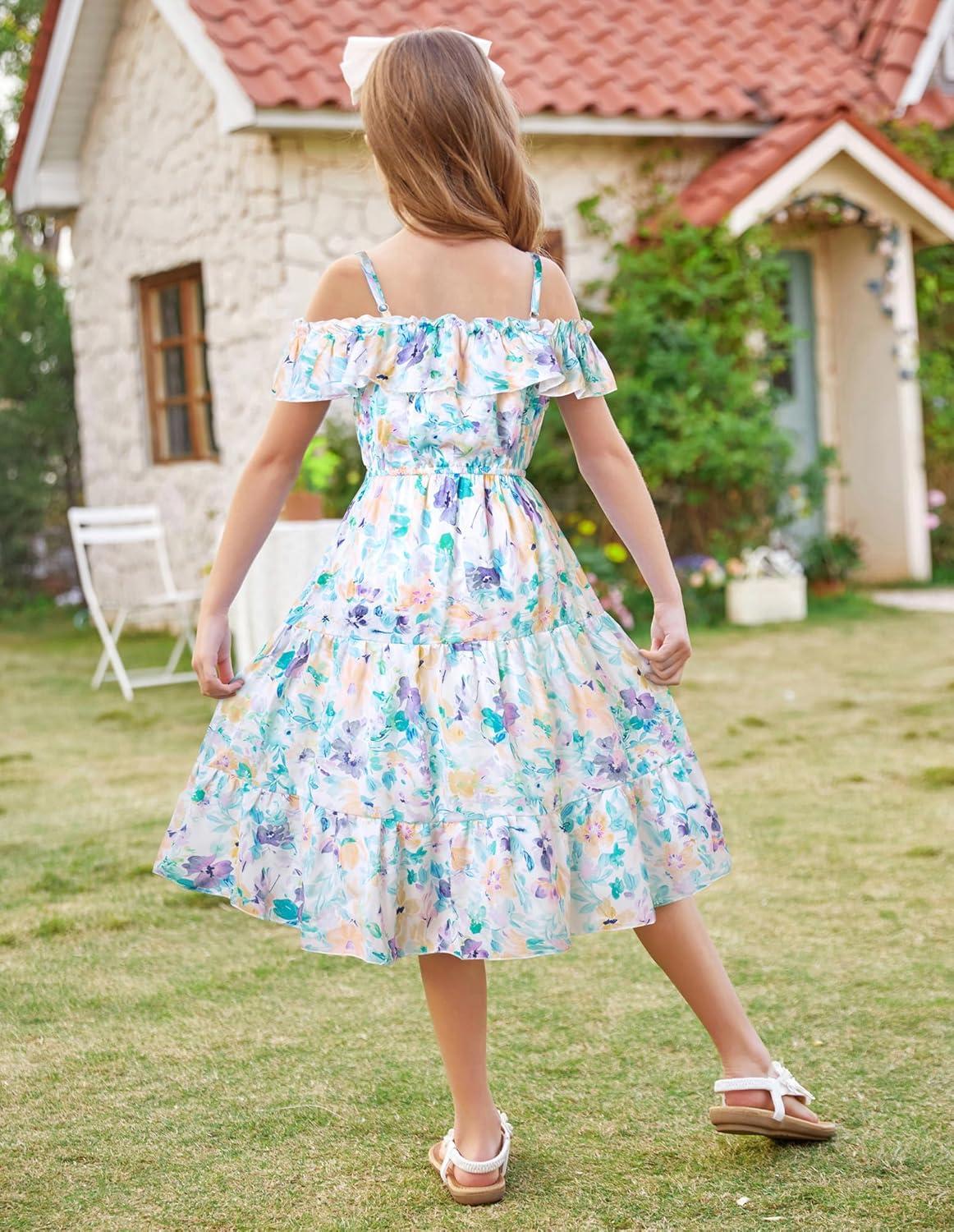 imageGRACE KARIN Girls Summer Dress Off Shoulder Ruffle Floral Spaghetti Strap Casual Sundress Tiered Midi DressFlowers and Leaves on White