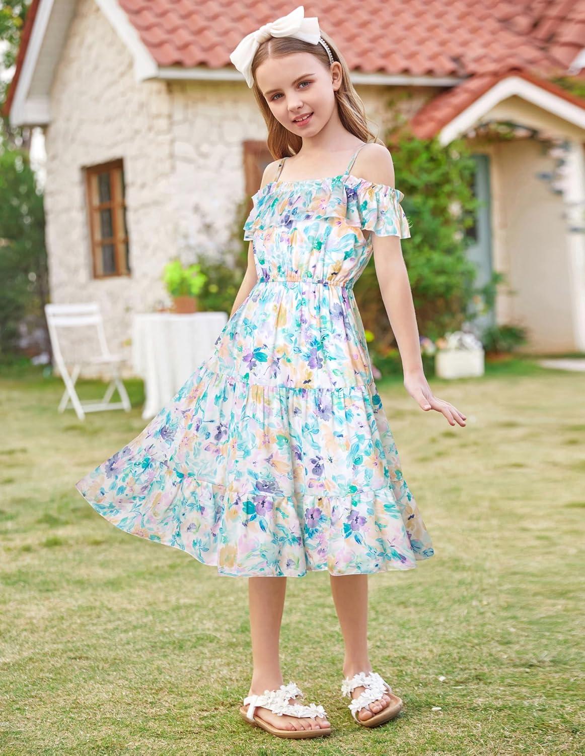 imageGRACE KARIN Girls Summer Dress Off Shoulder Ruffle Floral Spaghetti Strap Casual Sundress Tiered Midi DressFlowers and Leaves on White