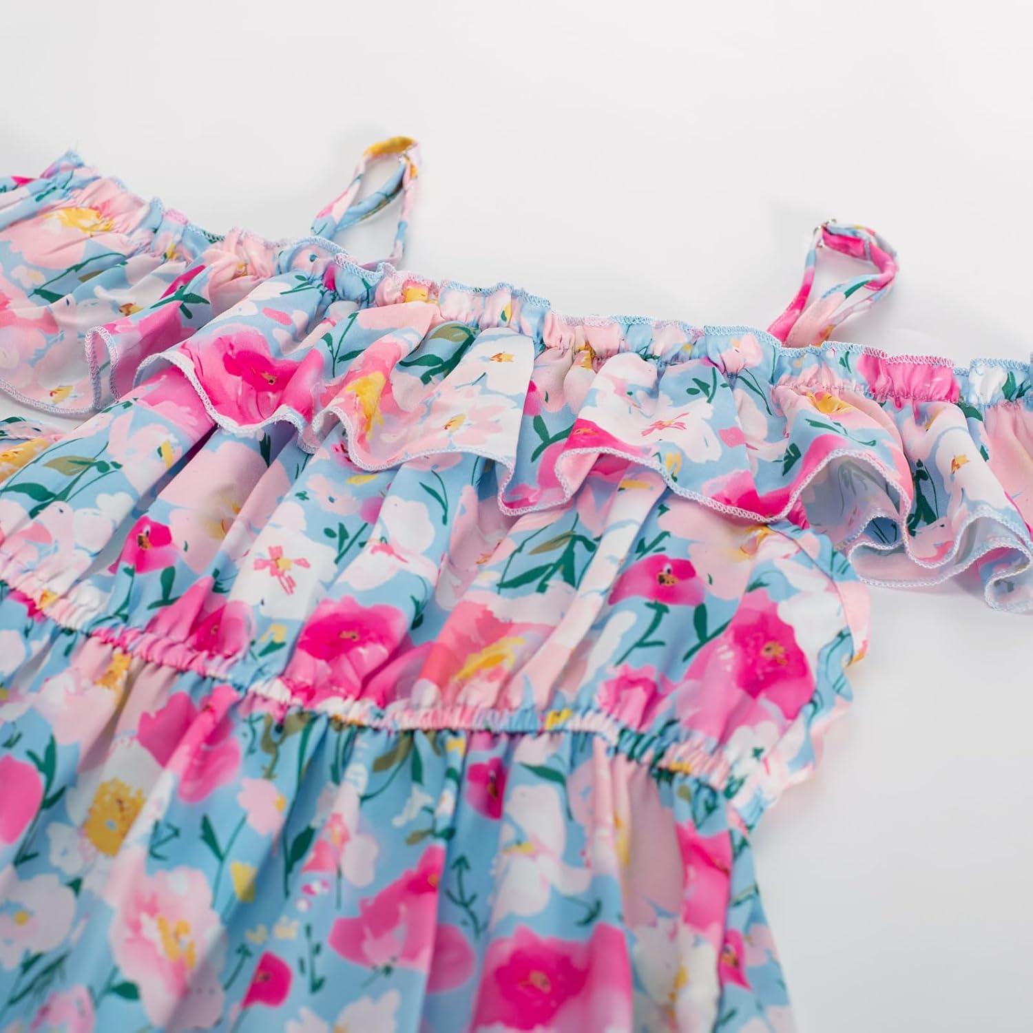 imageGRACE KARIN Girls Summer Dress Off Shoulder Ruffle Floral Spaghetti Strap Casual Sundress Tiered Midi DressFlowers on Blue
