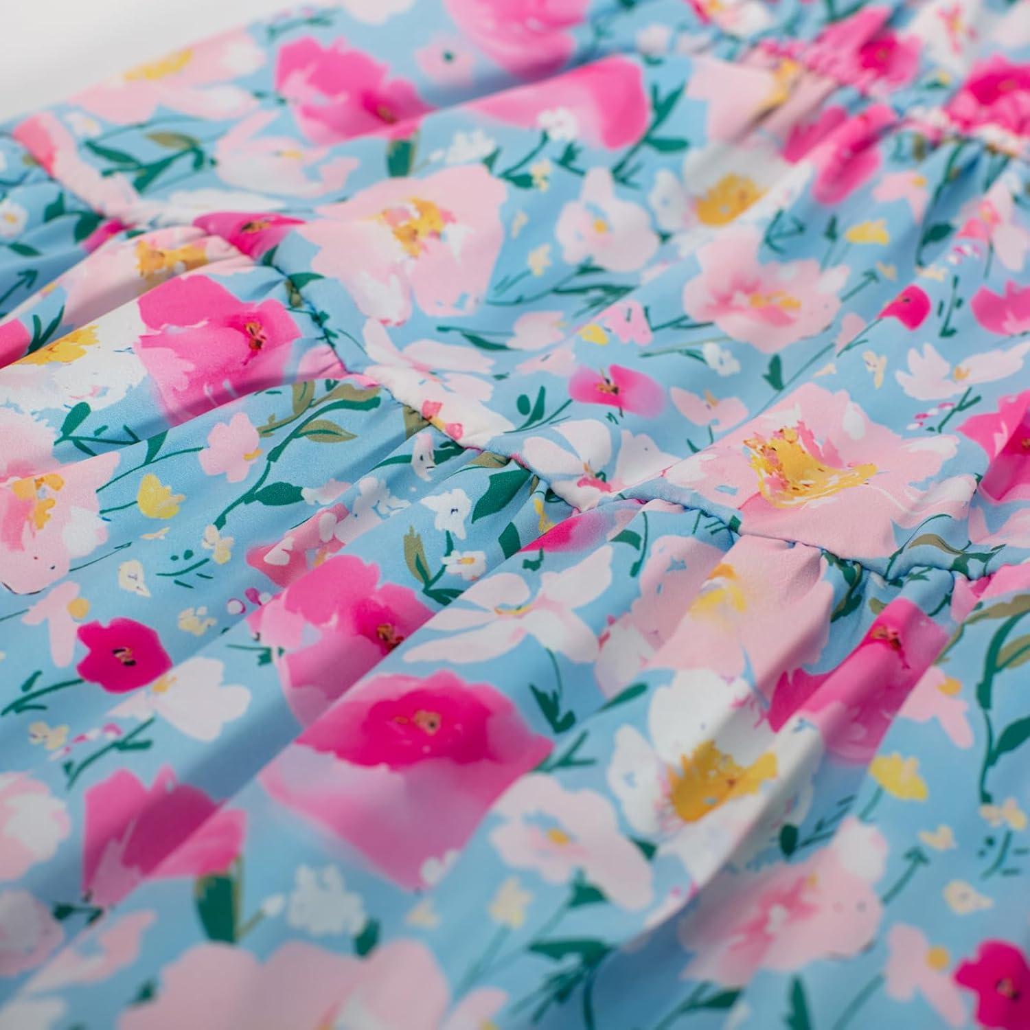 imageGRACE KARIN Girls Summer Dress Off Shoulder Ruffle Floral Spaghetti Strap Casual Sundress Tiered Midi DressFlowers on Blue