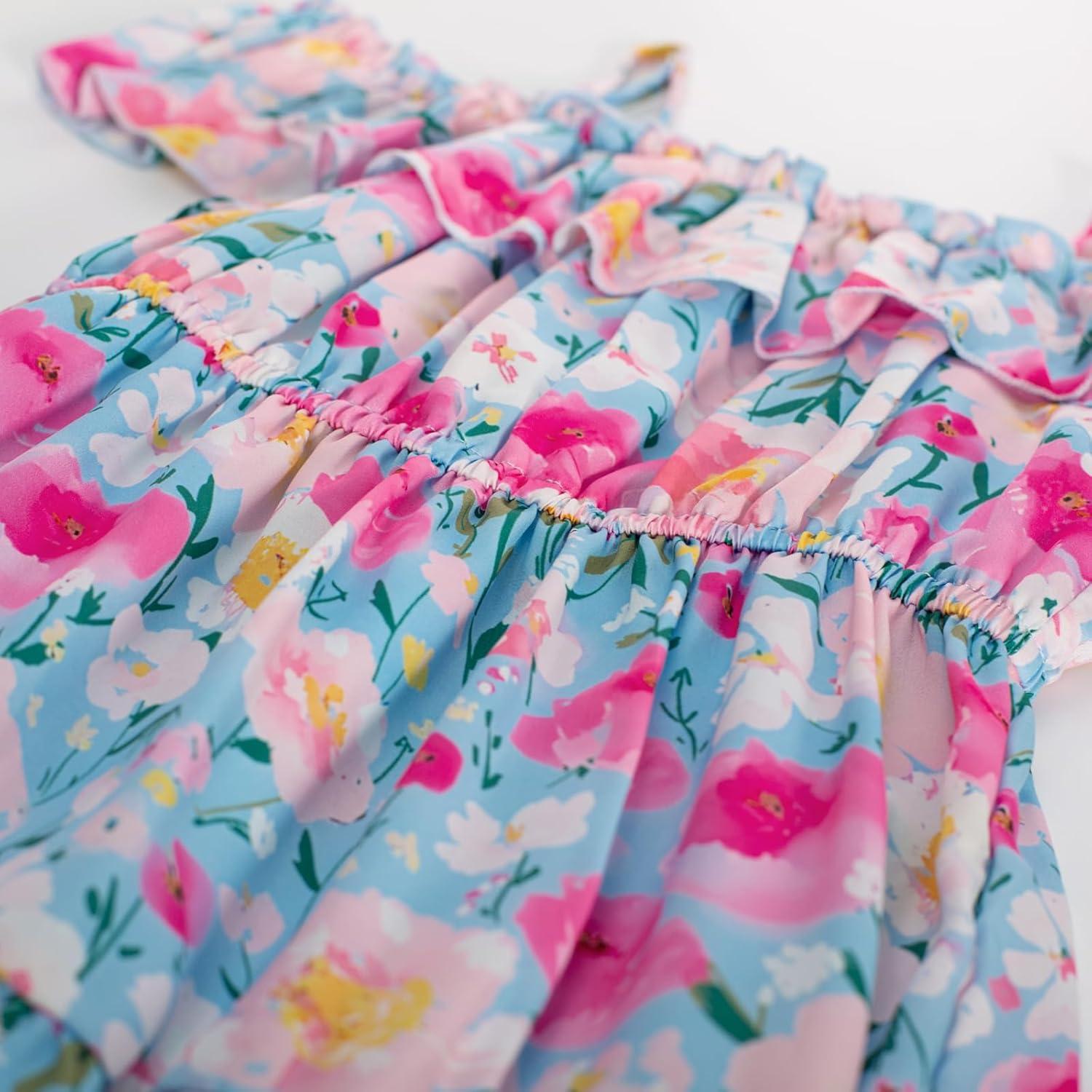imageGRACE KARIN Girls Summer Dress Off Shoulder Ruffle Floral Spaghetti Strap Casual Sundress Tiered Midi DressFlowers on Blue