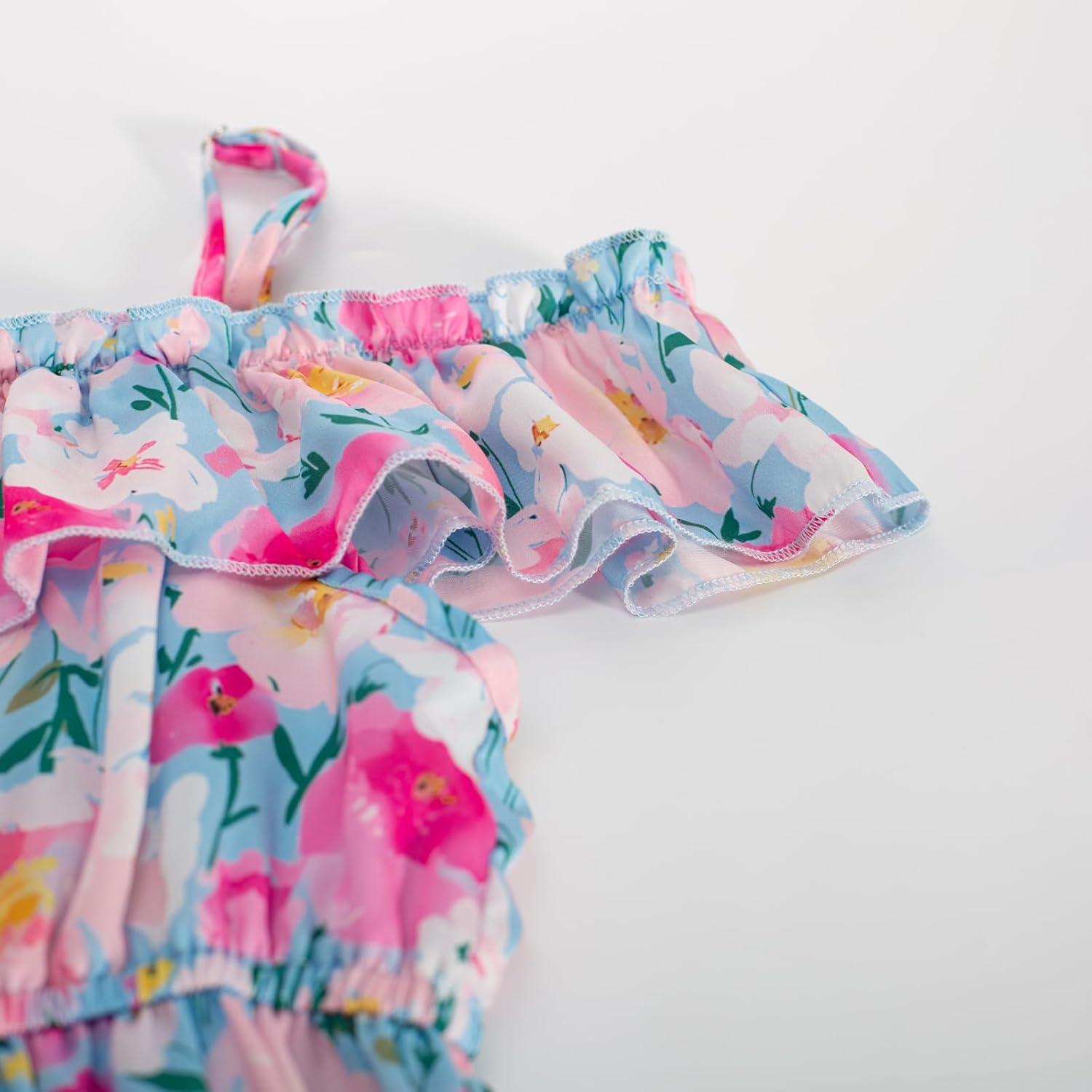 imageGRACE KARIN Girls Summer Dress Off Shoulder Ruffle Floral Spaghetti Strap Casual Sundress Tiered Midi DressFlowers on Blue