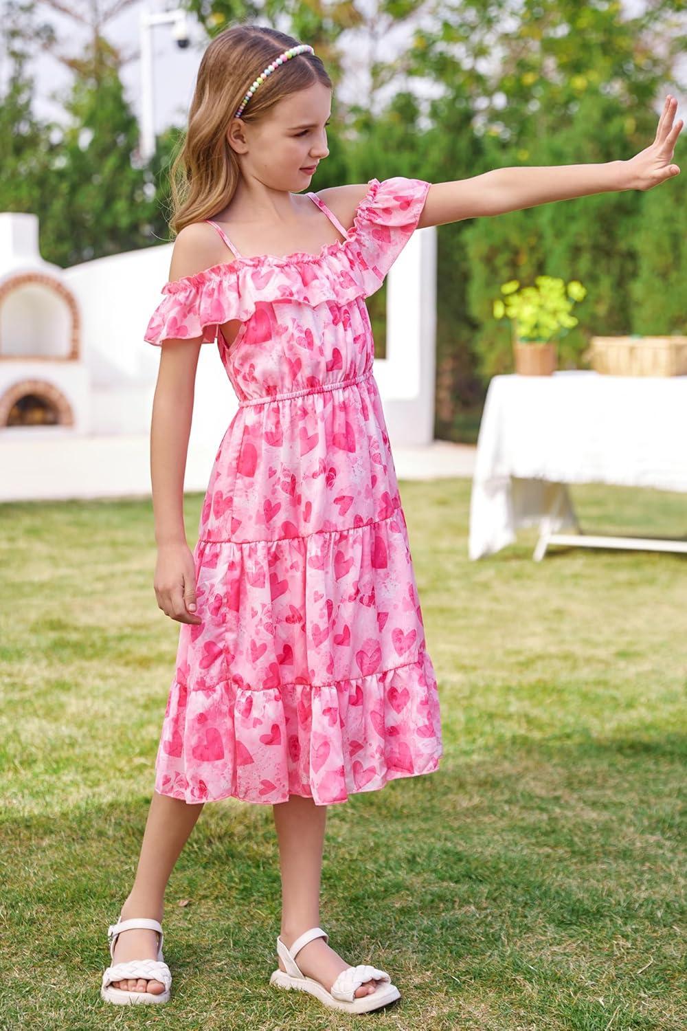 imageGRACE KARIN Girls Summer Dress Off Shoulder Ruffle Floral Spaghetti Strap Casual Sundress Tiered Midi DressHot Pink Heart