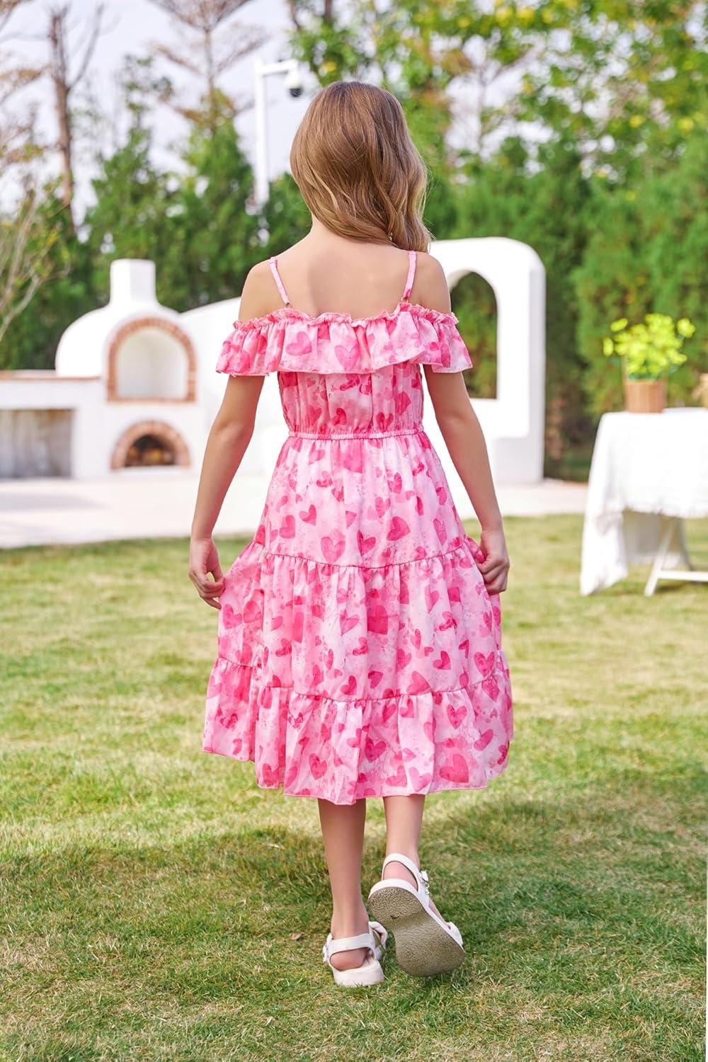 imageGRACE KARIN Girls Summer Dress Off Shoulder Ruffle Floral Spaghetti Strap Casual Sundress Tiered Midi DressHot Pink Heart