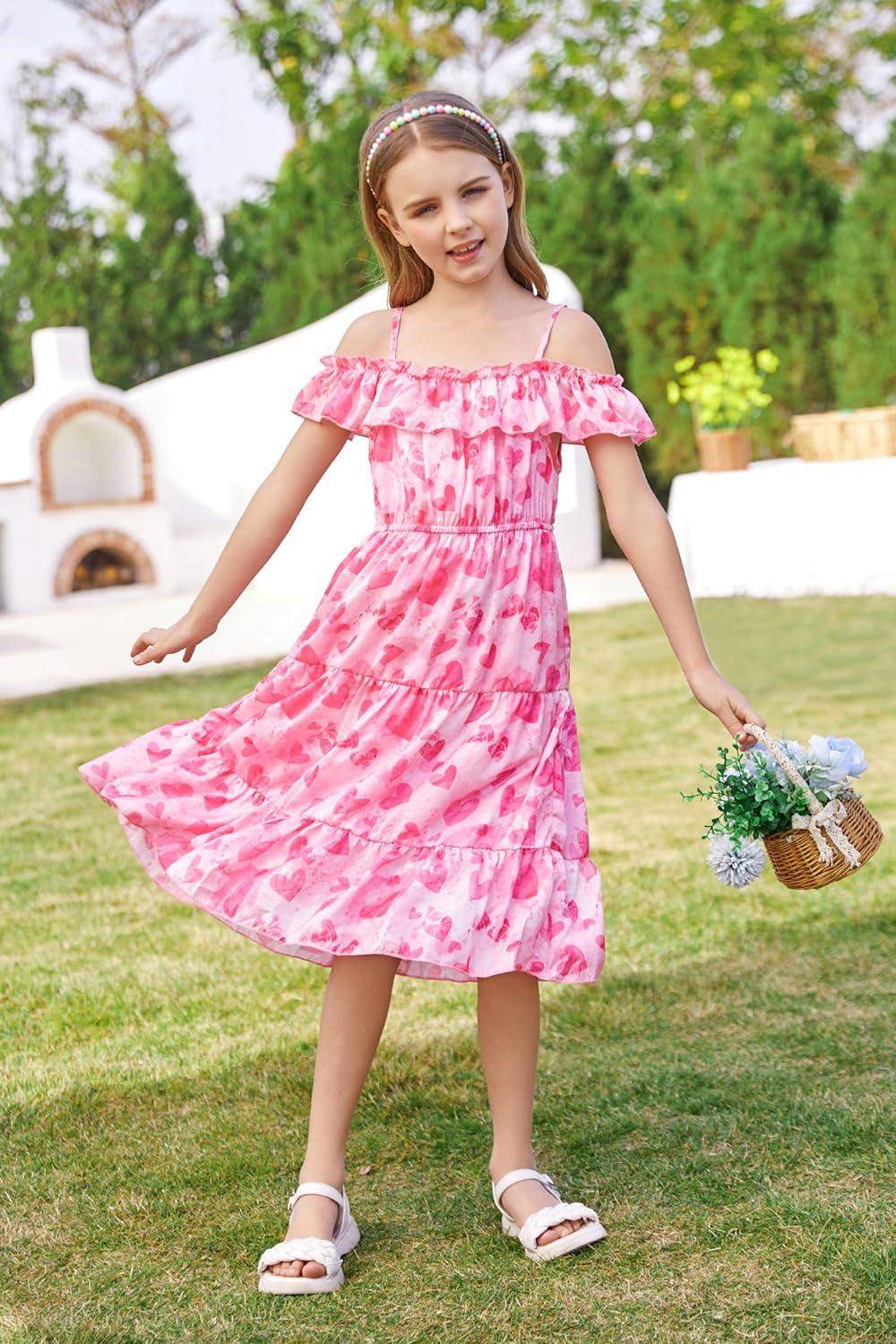 imageGRACE KARIN Girls Summer Dress Off Shoulder Ruffle Floral Spaghetti Strap Casual Sundress Tiered Midi DressHot Pink Heart