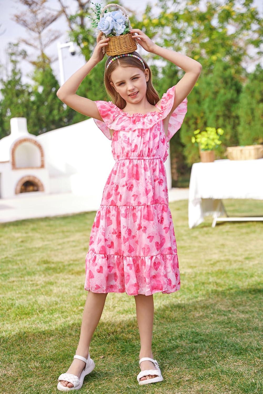 imageGRACE KARIN Girls Summer Dress Off Shoulder Ruffle Floral Spaghetti Strap Casual Sundress Tiered Midi DressHot Pink Heart
