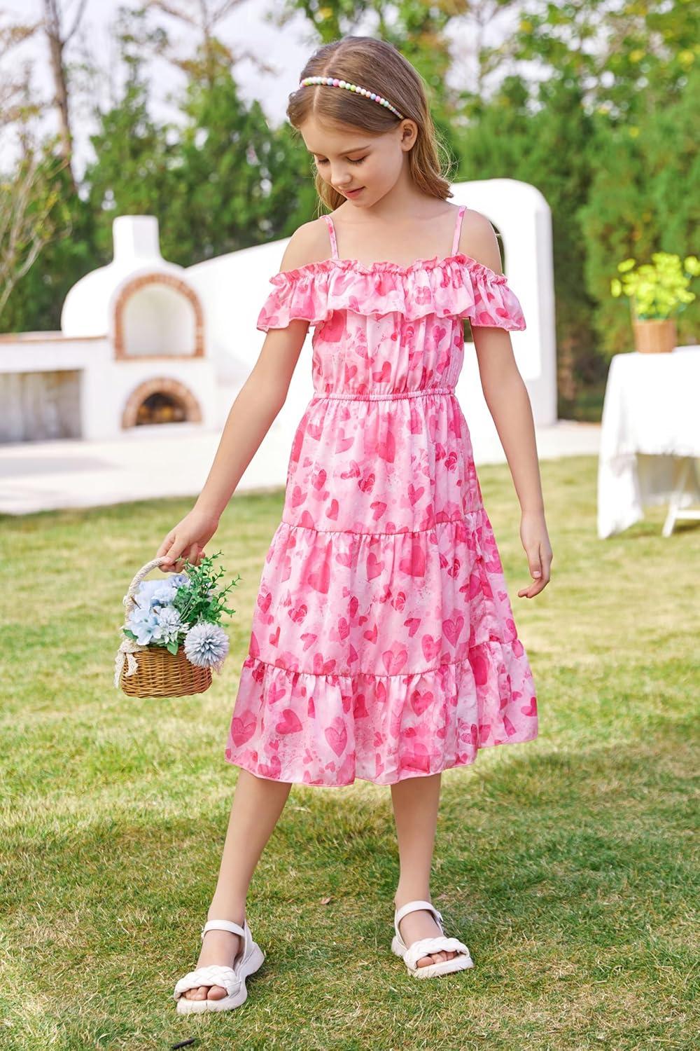 imageGRACE KARIN Girls Summer Dress Off Shoulder Ruffle Floral Spaghetti Strap Casual Sundress Tiered Midi DressHot Pink Heart