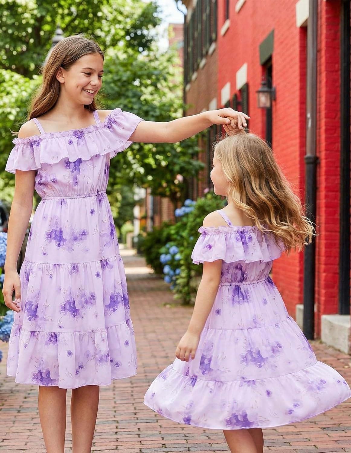 imageGRACE KARIN Girls Summer Dress Off Shoulder Ruffle Floral Spaghetti Strap Casual Sundress Tiered Midi DressPurple Flowers