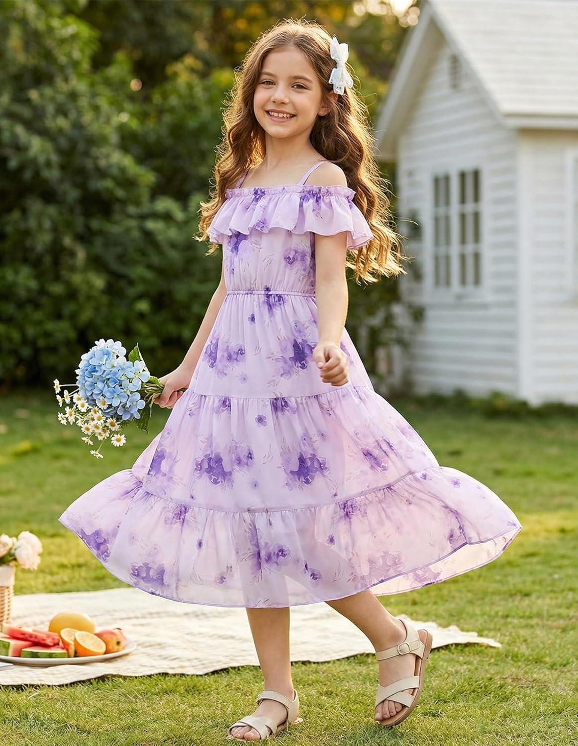 imageGRACE KARIN Girls Summer Dress Off Shoulder Ruffle Floral Spaghetti Strap Casual Sundress Tiered Midi DressPurple Flowers