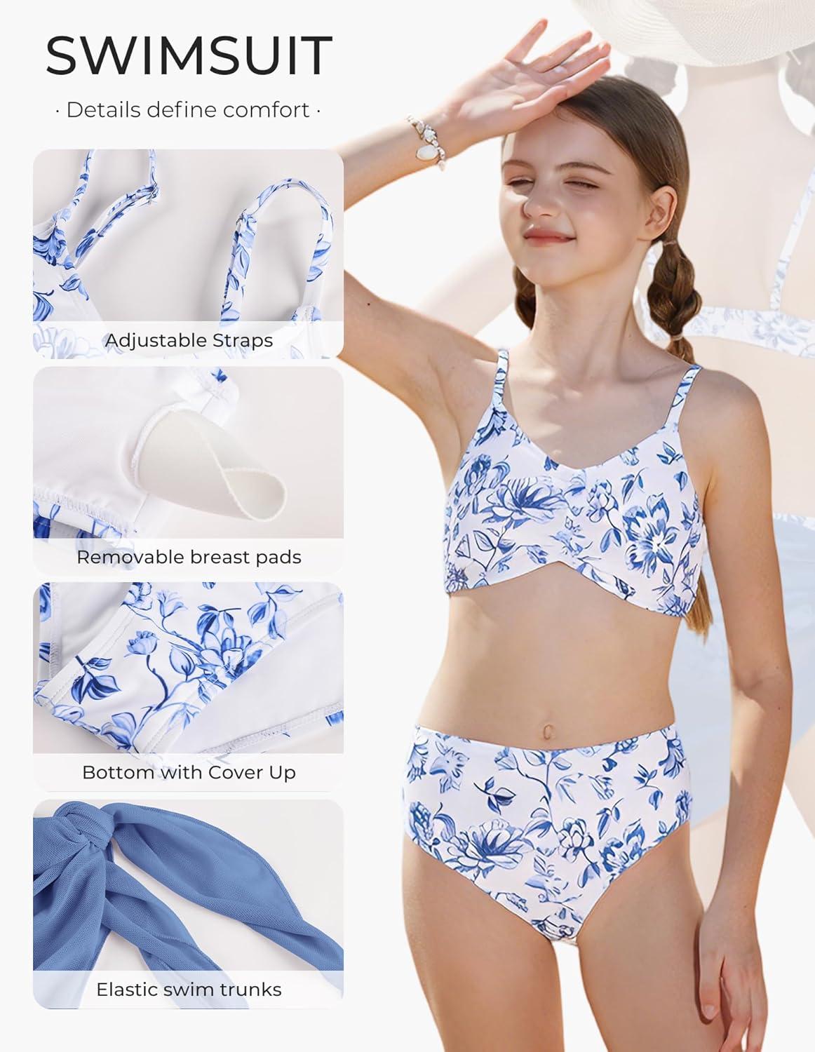 imageGRACE KARIN Girls Swimsuit Bikini Bathing Suit for Teens Ruched Tankini Beach Hawaii Swimwear with Cover Up Skirt 816YBlue Floral