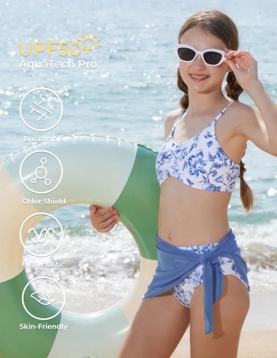 imageGRACE KARIN Girls Swimsuit Bikini Bathing Suit for Teens Ruched Tankini Beach Hawaii Swimwear with Cover Up Skirt 816YBlue Floral