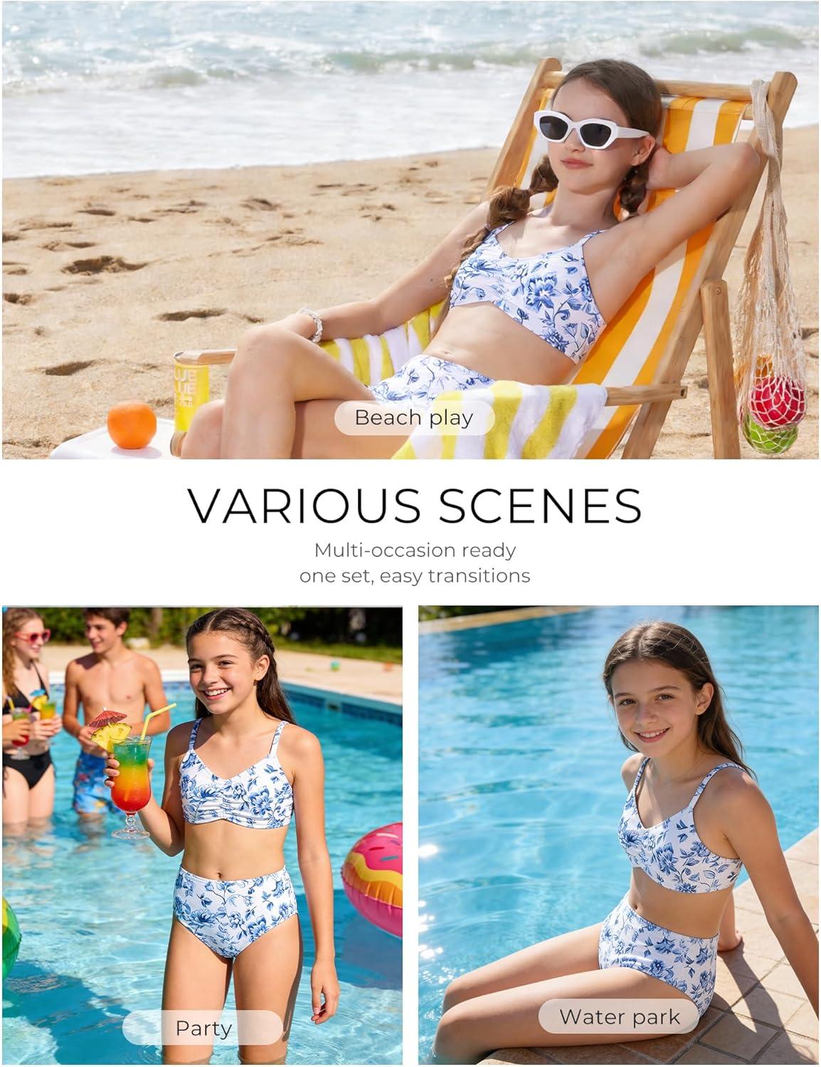 imageGRACE KARIN Girls Swimsuit Bikini Bathing Suit for Teens Ruched Tankini Beach Hawaii Swimwear with Cover Up Skirt 816YBlue Floral