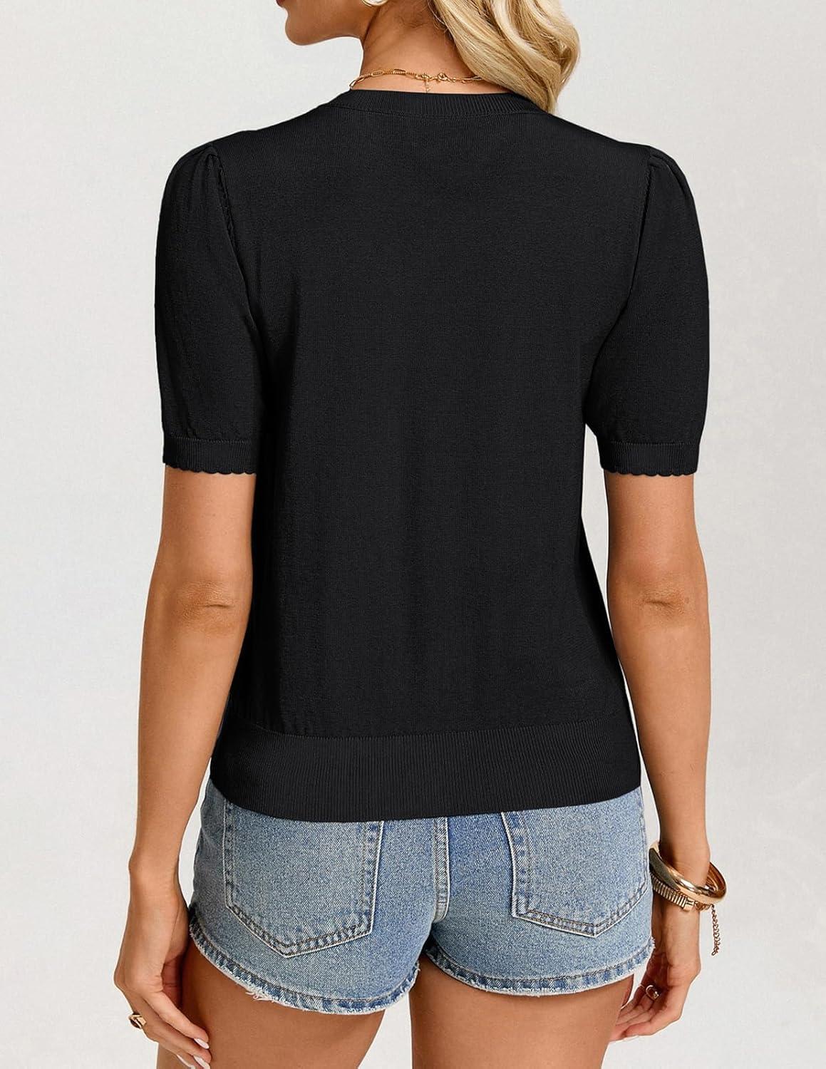 imageGRACE KARIN Womens Puff Short Sleeve Sweater Lightweight Dressy Casual Blouse Crewneck Knit Top Business Casual OutfitsBlack