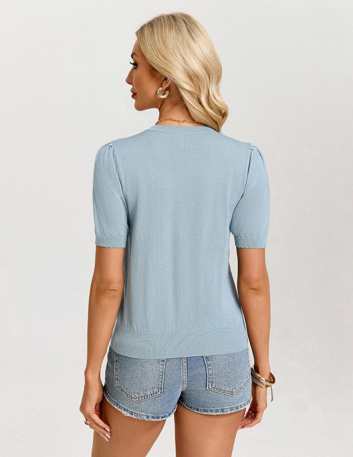 imageGRACE KARIN Womens Puff Short Sleeve Sweater Lightweight Dressy Casual Blouse Crewneck Knit Top Business Casual OutfitsBlue
