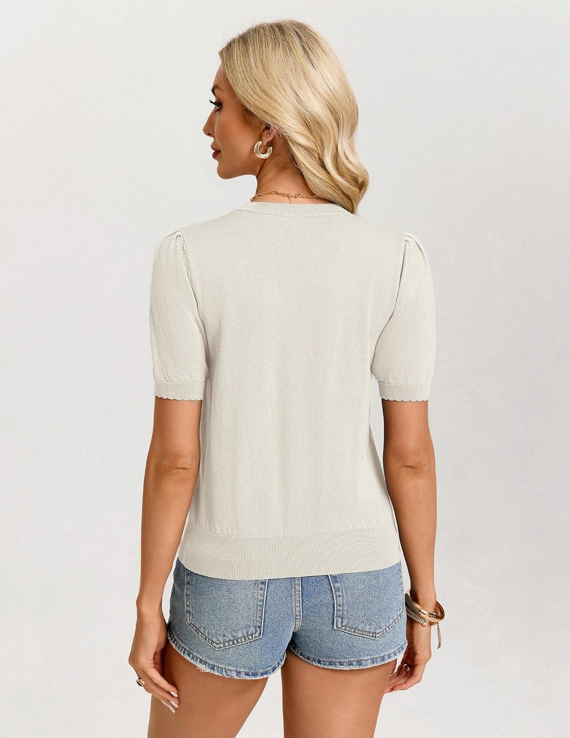 imageGRACE KARIN Womens Puff Short Sleeve Sweater Lightweight Dressy Casual Blouse Crewneck Knit Top Business Casual OutfitsIvory