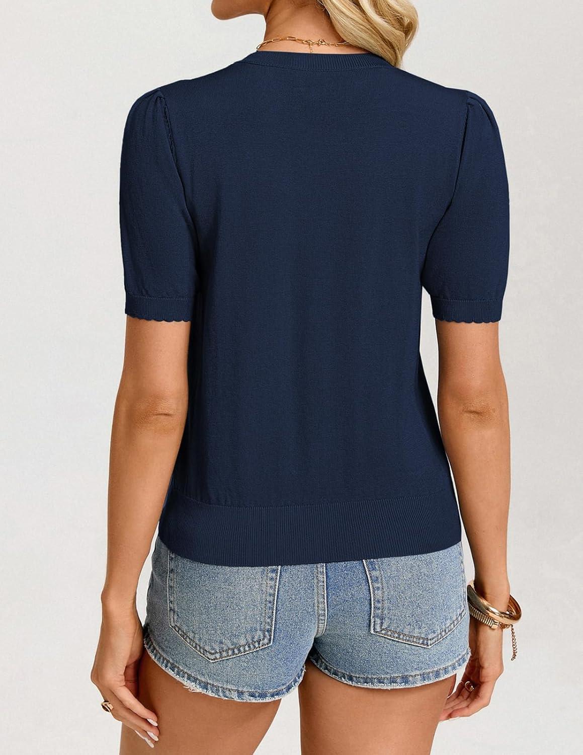 imageGRACE KARIN Womens Puff Short Sleeve Sweater Lightweight Dressy Casual Blouse Crewneck Knit Top Business Casual OutfitsNavy Blue