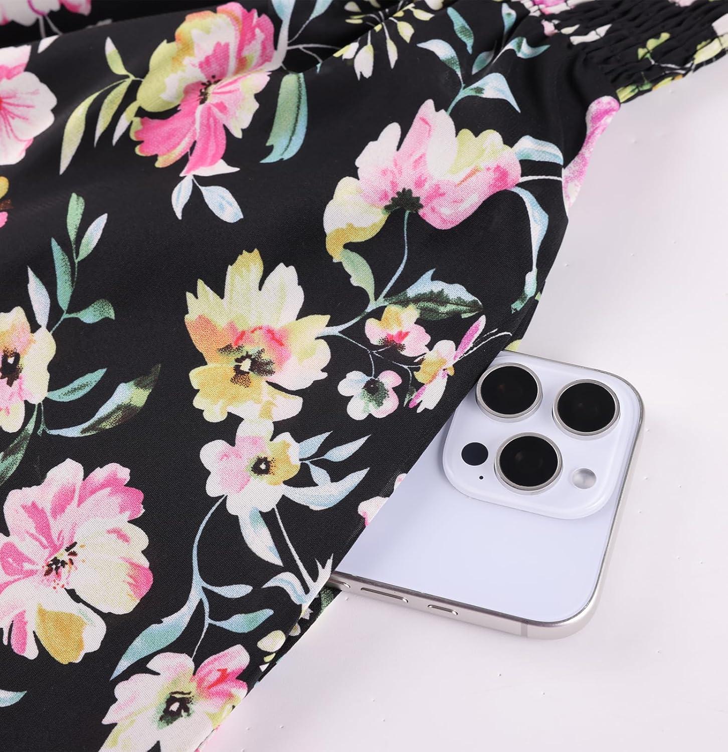 imageGRACE KARIN Womens Summer Dresses 2026 Puff Short Sleeve Floral Wedding Guest Dress Smocked Tiered Maxi Dress with PocketsBlack Pink Floral