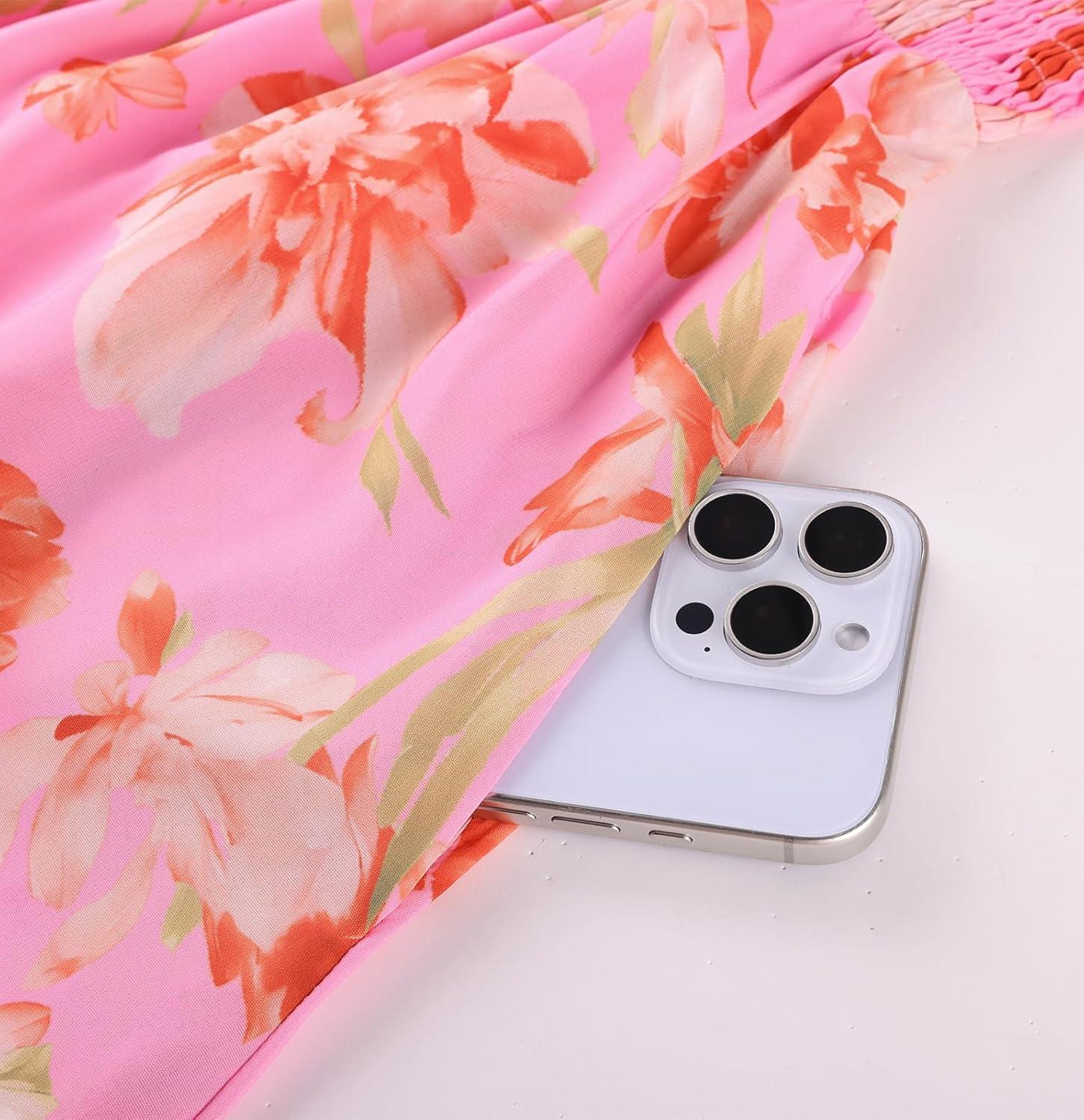 imageGRACE KARIN Womens Summer Dresses 2026 Puff Short Sleeve Floral Wedding Guest Dress Smocked Tiered Maxi Dress with PocketsPink Red Floral