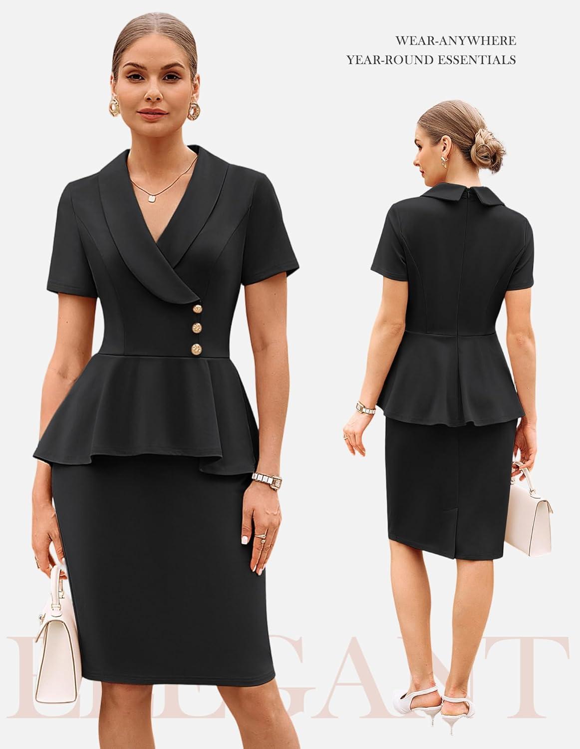 imageGRACE KARIN Work Dresses for Women 2026 Short Sleeve Bodycon Business Midi Dress Lapel V Neck Office Church Sheath OutfitsBlack