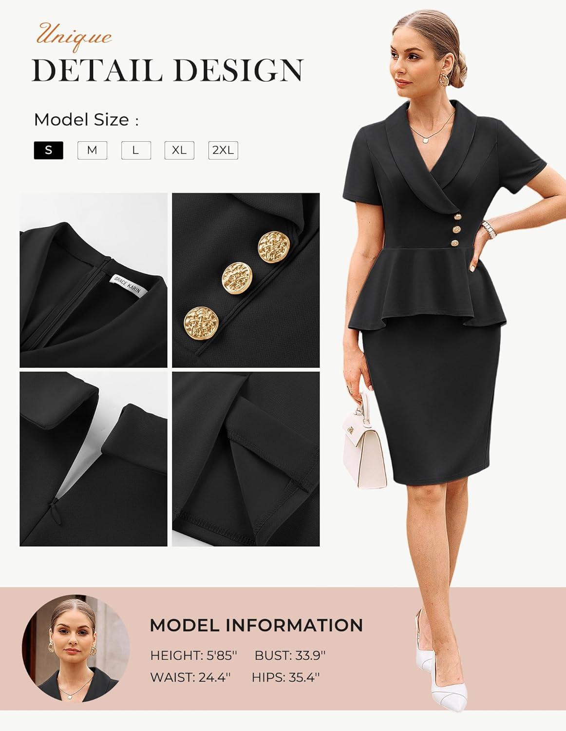 imageGRACE KARIN Work Dresses for Women 2026 Short Sleeve Bodycon Business Midi Dress Lapel V Neck Office Church Sheath OutfitsBlack