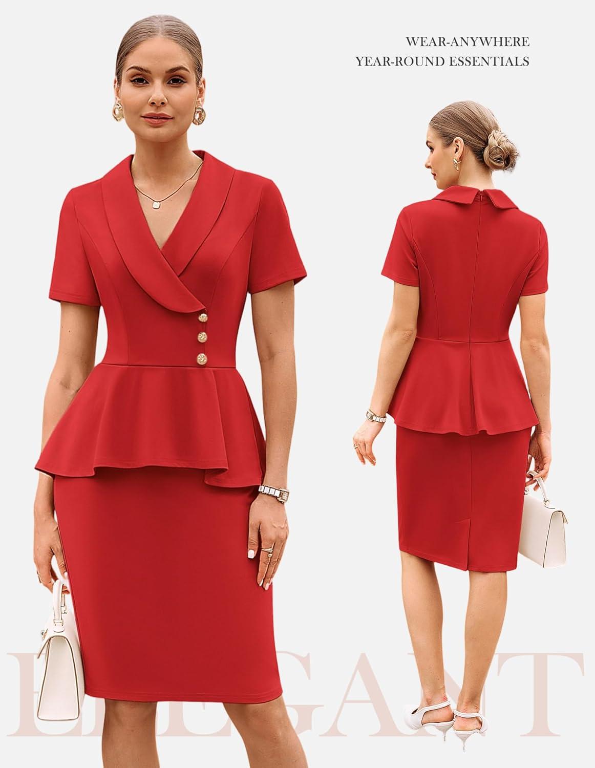 imageGRACE KARIN Work Dresses for Women 2026 Short Sleeve Bodycon Business Midi Dress Lapel V Neck Office Church Sheath OutfitsDark Purple Red