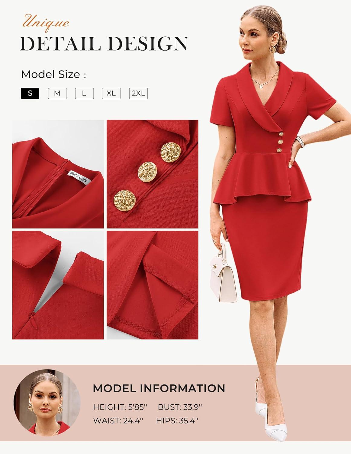 imageGRACE KARIN Work Dresses for Women 2026 Short Sleeve Bodycon Business Midi Dress Lapel V Neck Office Church Sheath OutfitsDark Purple Red