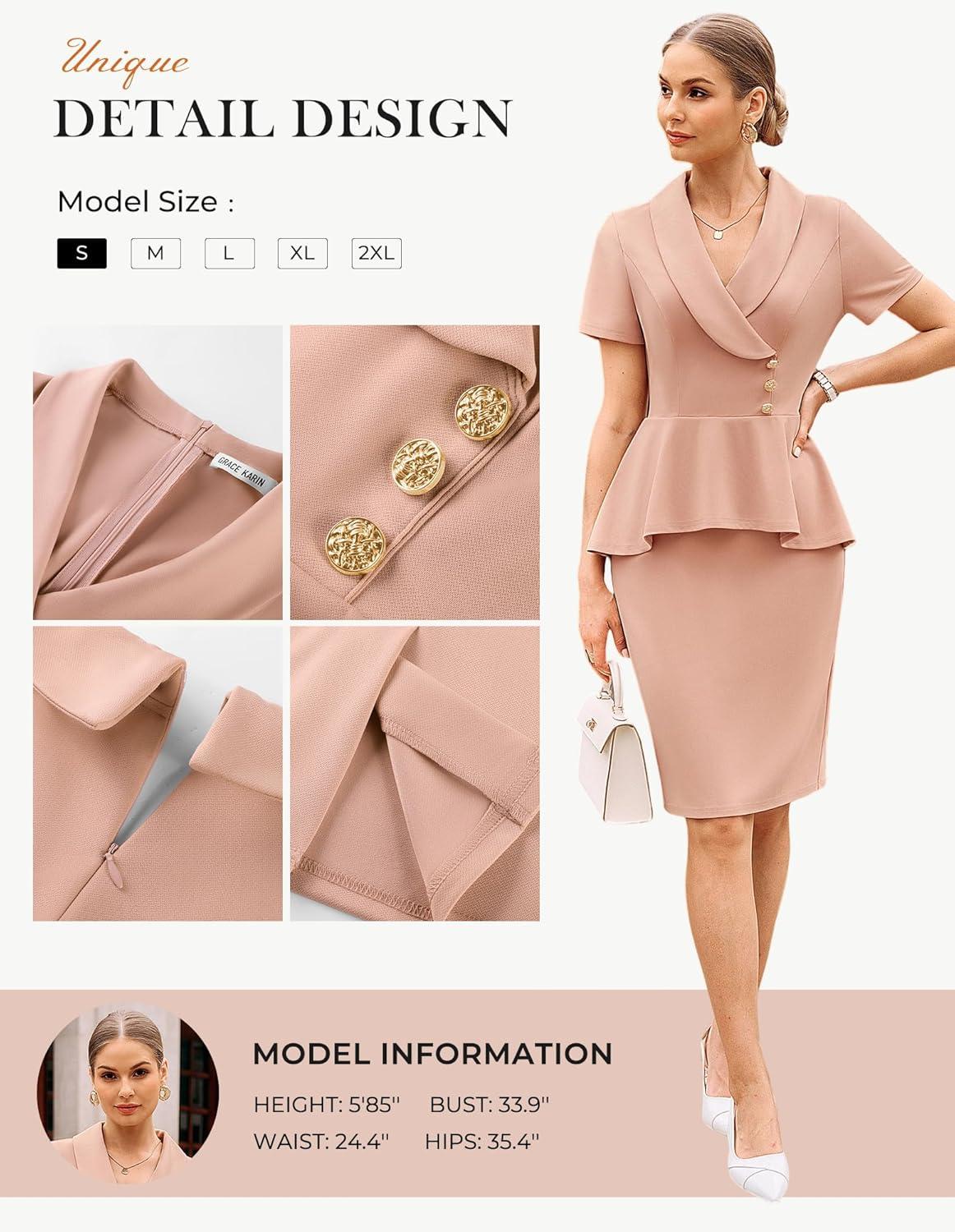 imageGRACE KARIN Work Dresses for Women 2026 Short Sleeve Bodycon Business Midi Dress Lapel V Neck Office Church Sheath OutfitsPink