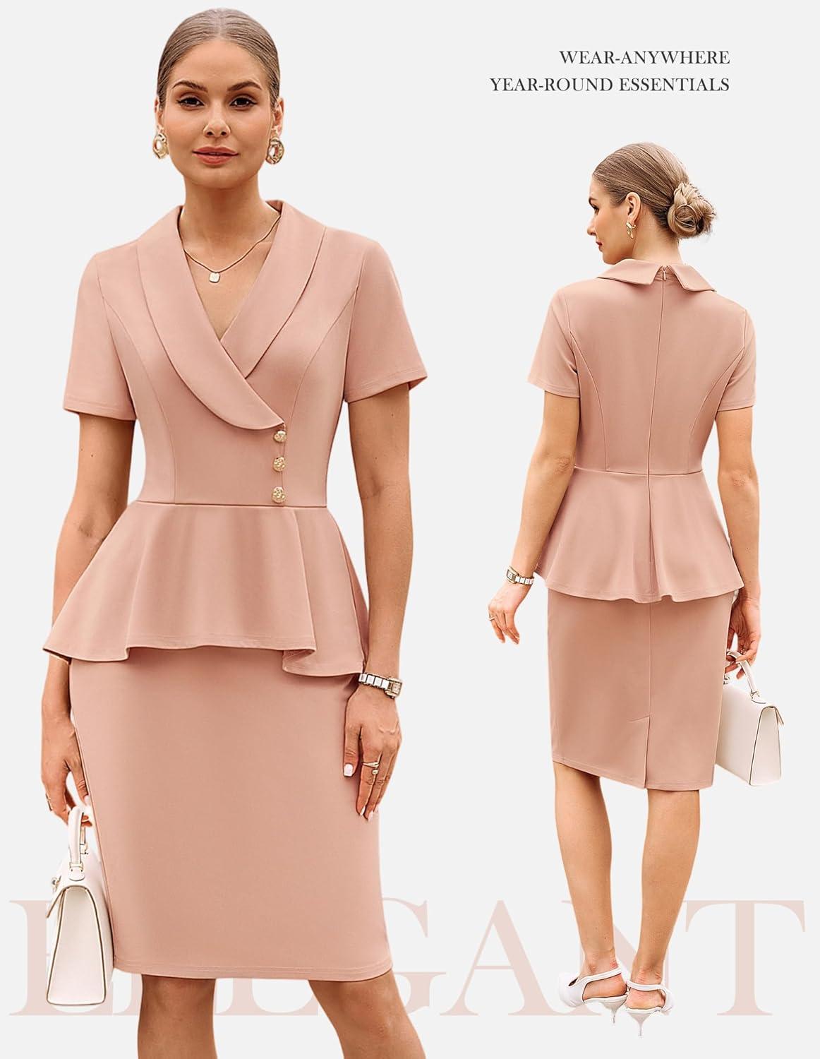 imageGRACE KARIN Work Dresses for Women 2026 Short Sleeve Bodycon Business Midi Dress Lapel V Neck Office Church Sheath OutfitsPink