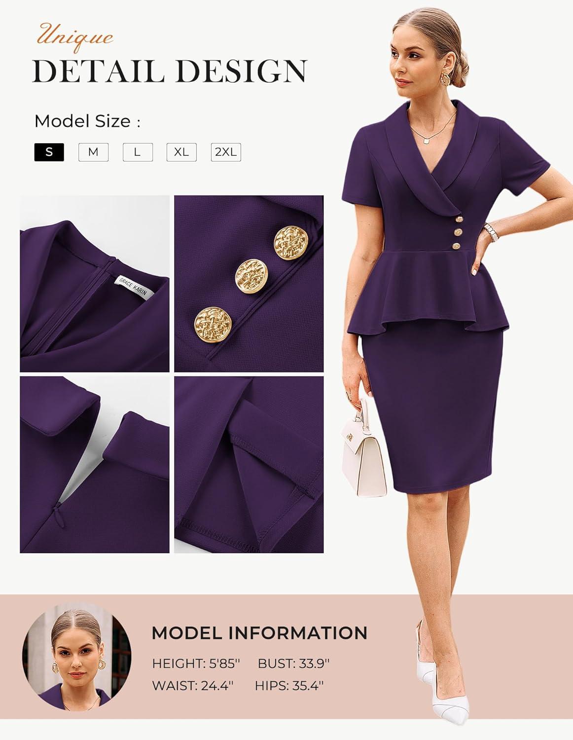 imageGRACE KARIN Work Dresses for Women 2026 Short Sleeve Bodycon Business Midi Dress Lapel V Neck Office Church Sheath OutfitsRed Dark Purple