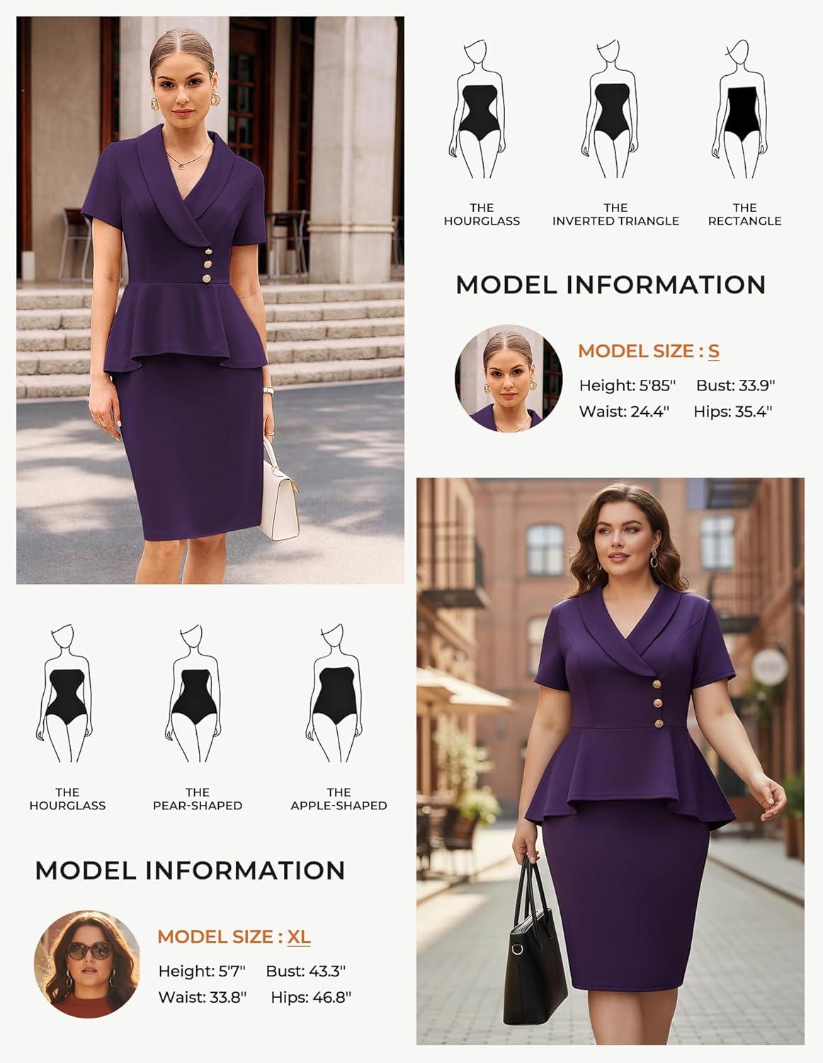 imageGRACE KARIN Work Dresses for Women 2026 Short Sleeve Bodycon Business Midi Dress Lapel V Neck Office Church Sheath OutfitsRed Dark Purple