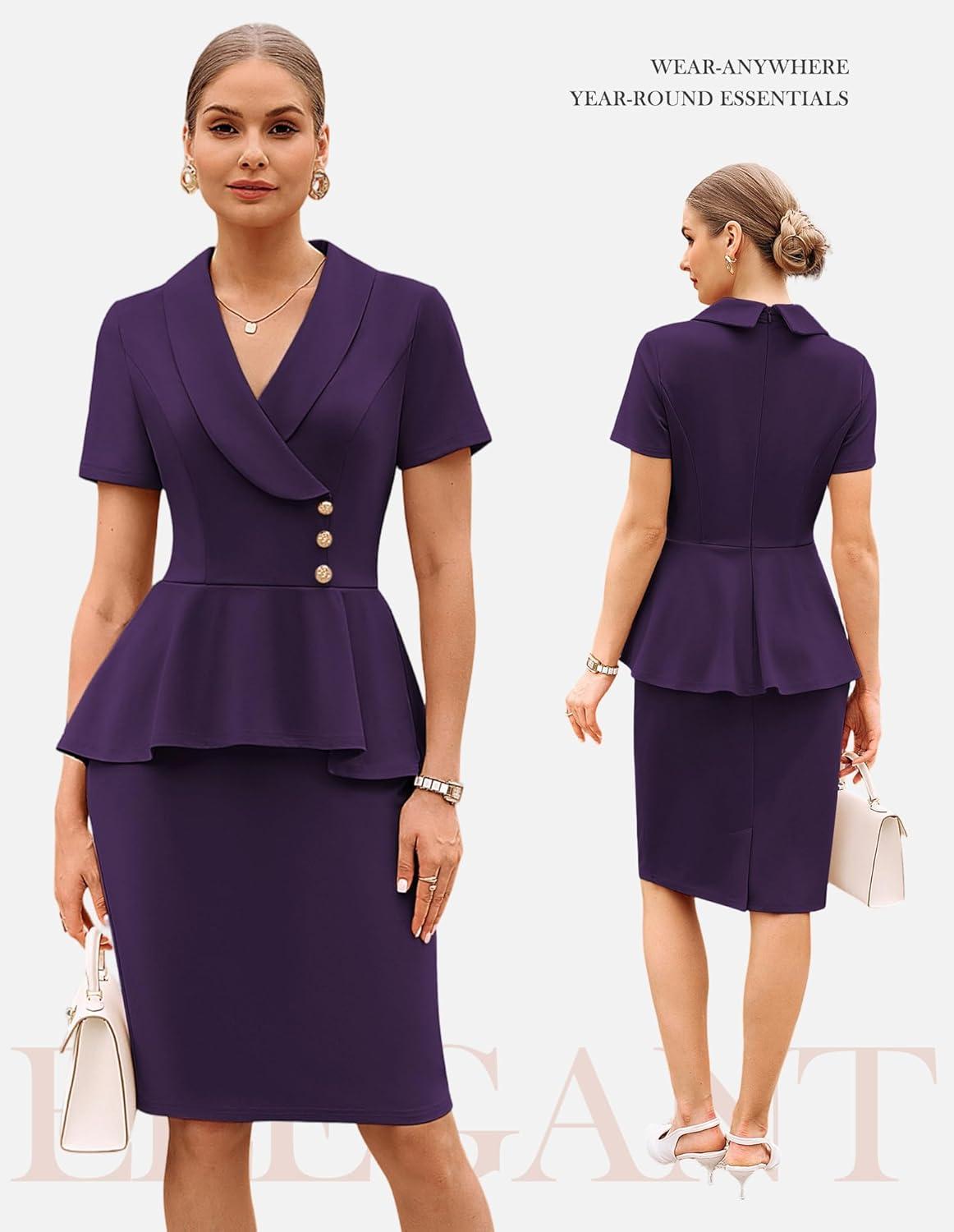 imageGRACE KARIN Work Dresses for Women 2026 Short Sleeve Bodycon Business Midi Dress Lapel V Neck Office Church Sheath OutfitsRed Dark Purple