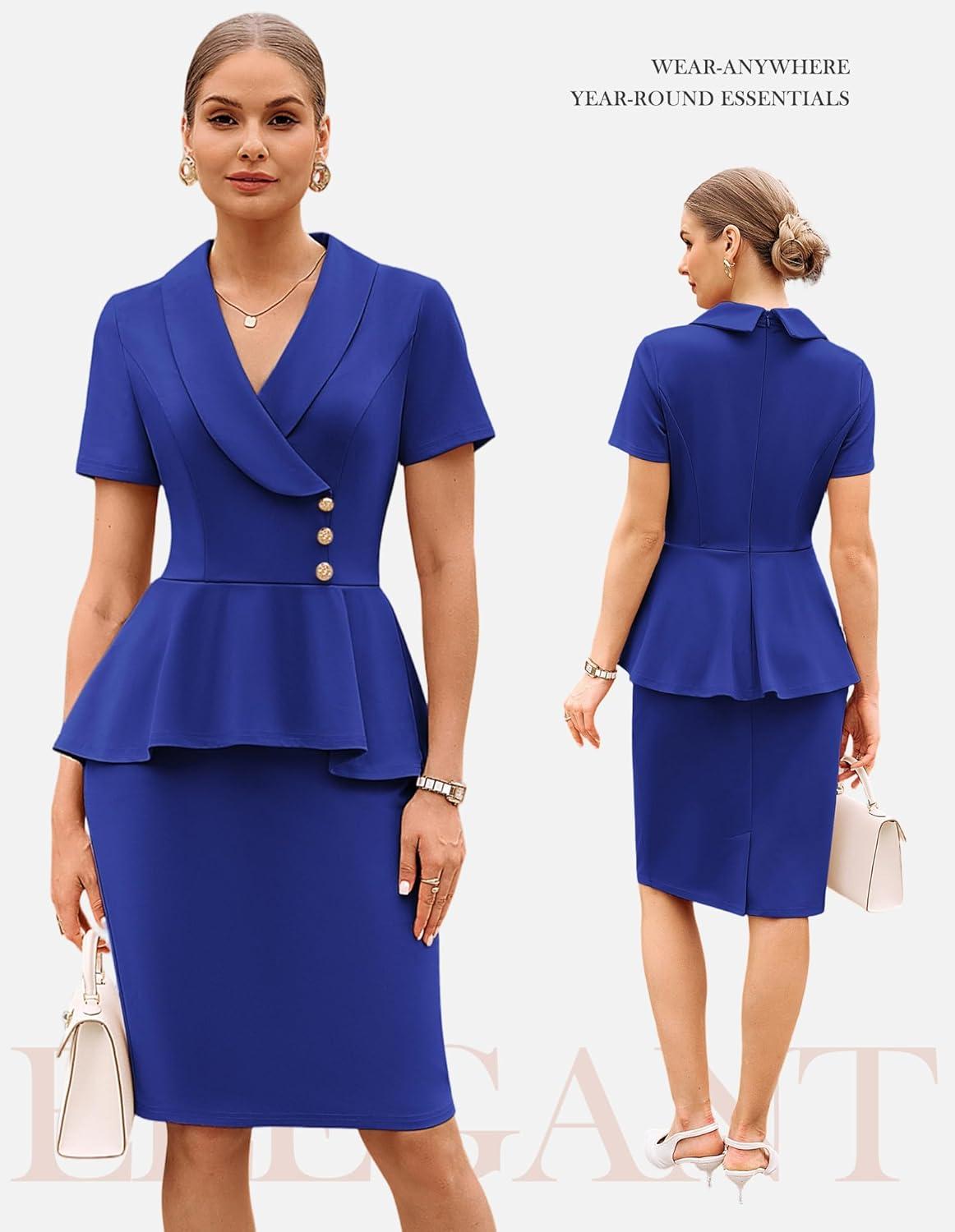 imageGRACE KARIN Work Dresses for Women 2026 Short Sleeve Bodycon Business Midi Dress Lapel V Neck Office Church Sheath OutfitsRoyal Blue